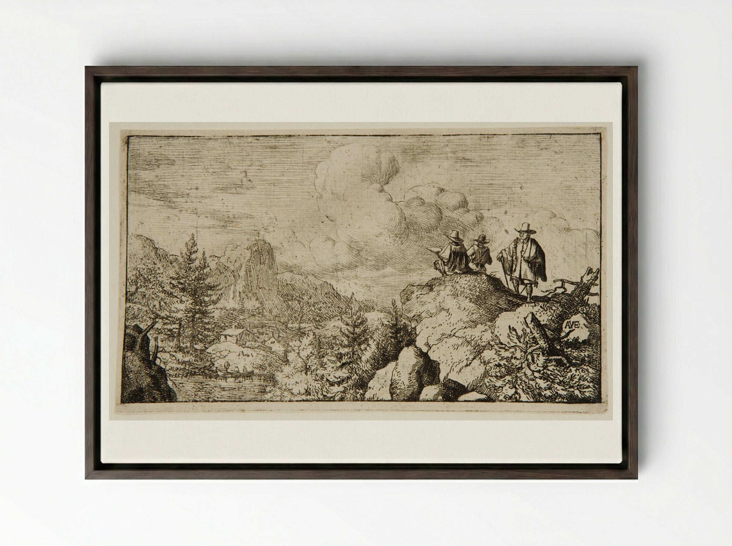 Watermill at the Foot of a Mountain, an Artist Sketching - Allart van Everdingen - Framed Canvas Dark Wood