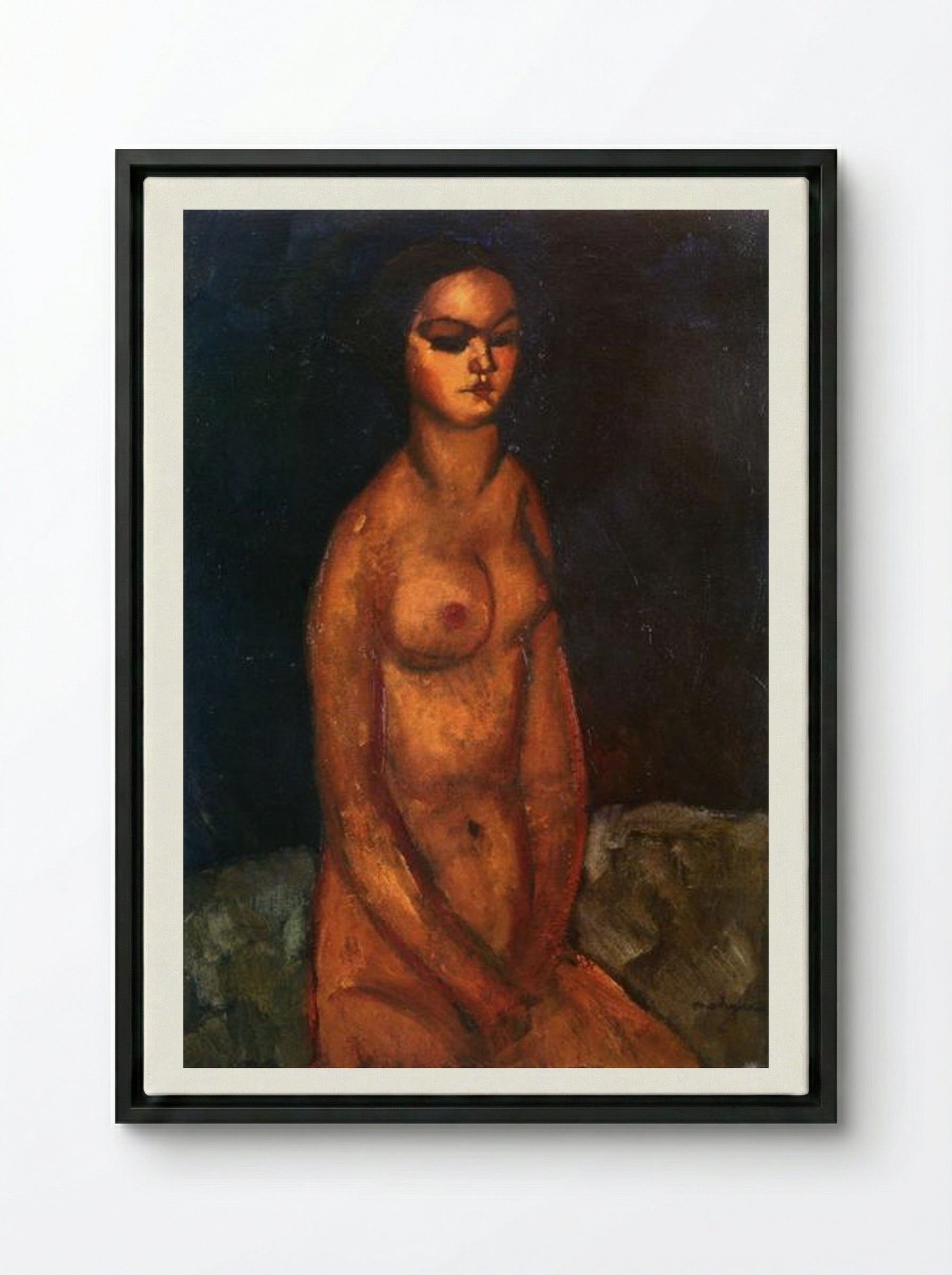 Seated Nude Looking Down - Amedeo Modigliani - Framed Canvas Black