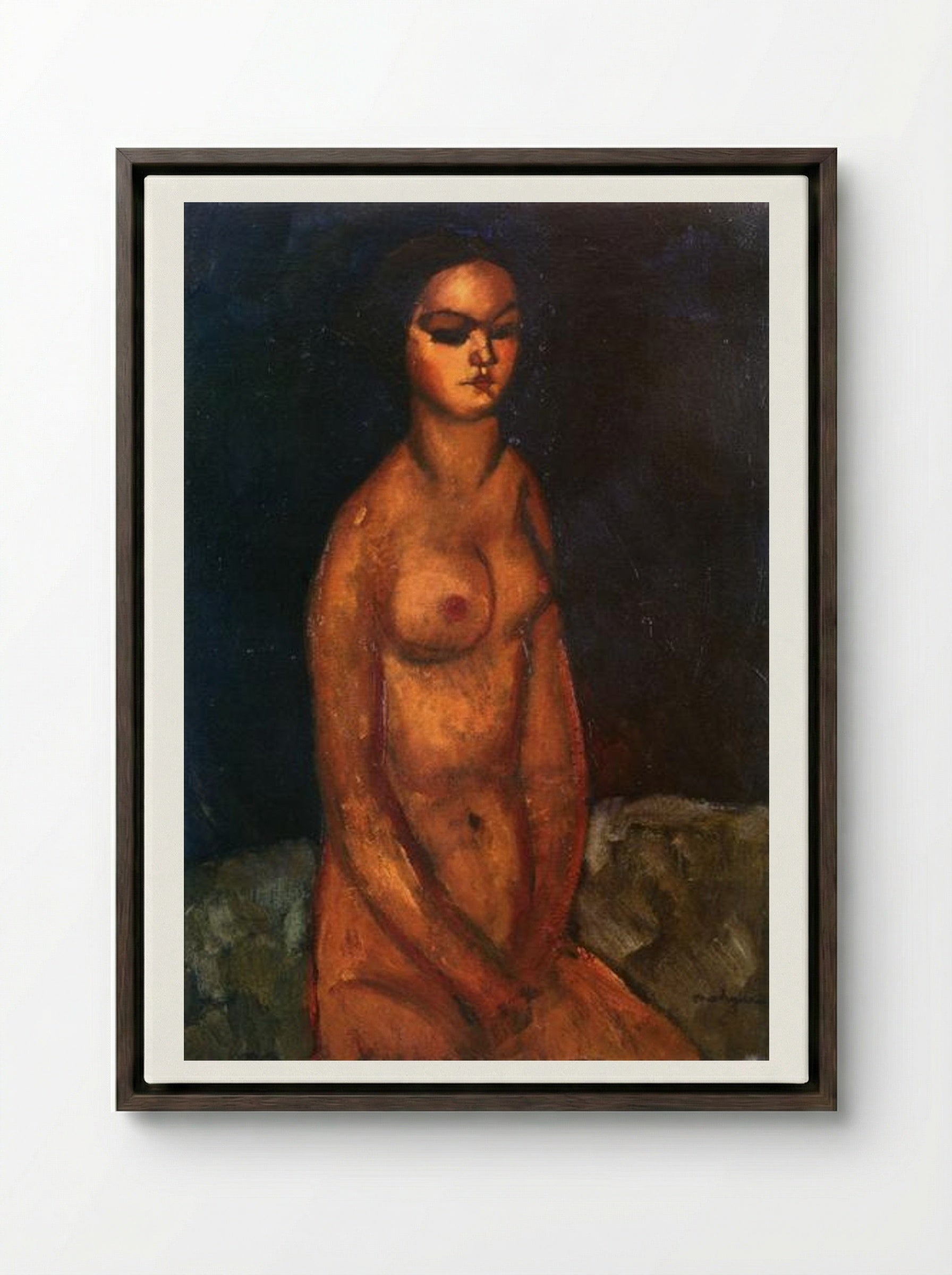 Seated Nude Looking Down - Amedeo Modigliani - Framed Canvas Dark Wood