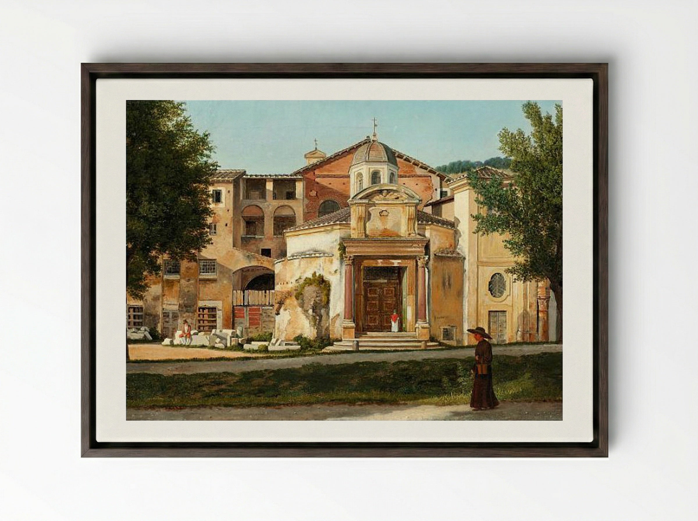 A Section of the Via Sacra, Rome (The Church of Saints Cosmas and Damian) - Christoffer Wilhelm Eckersberg - Framed Canvas Dark Wood