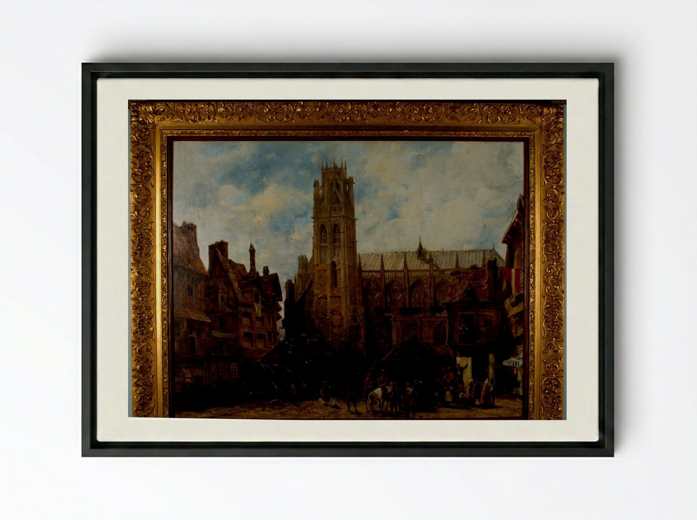 Cathedral of Notre Dame and Market Place at Caudebec-en-Caux - Richard Parkes Bonington - Framed Canvas Black