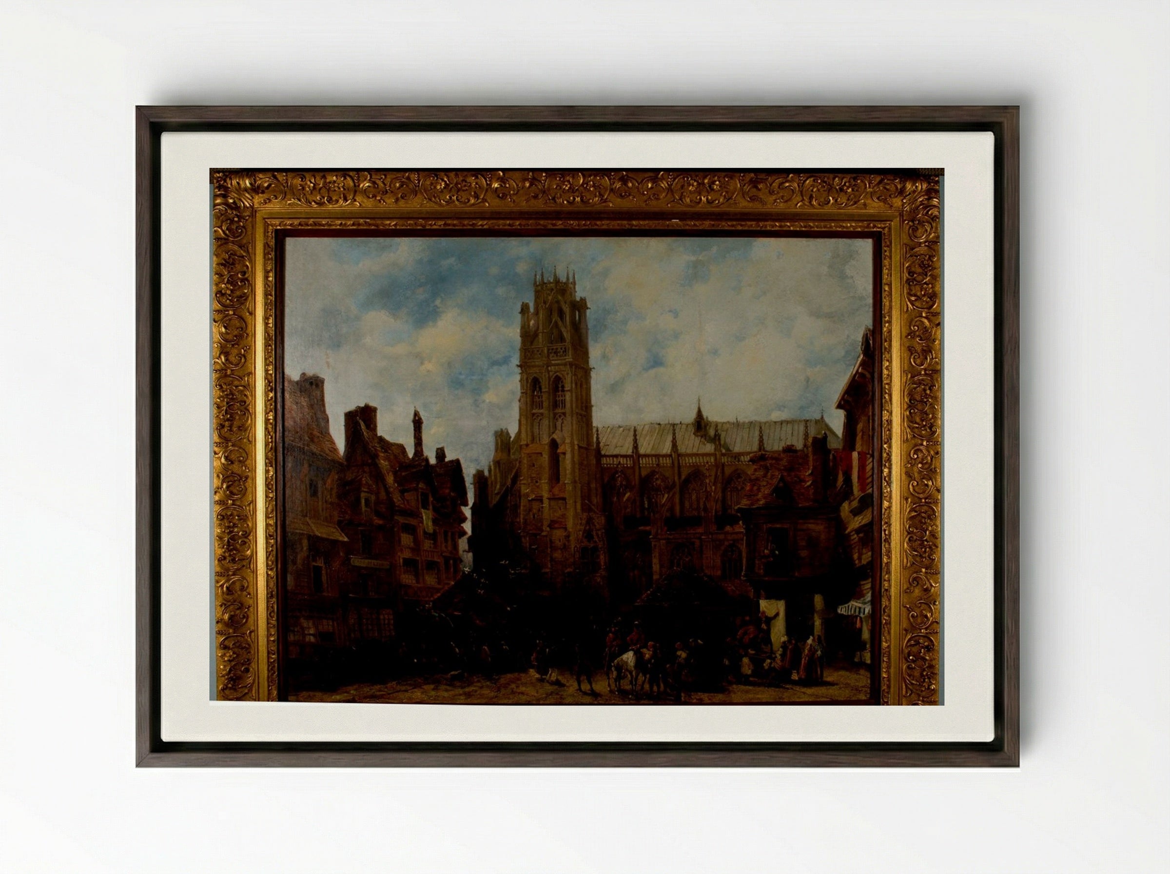 Cathedral of Notre Dame and Market Place at Caudebec-en-Caux - Richard Parkes Bonington - Framed Canvas Dark Wood