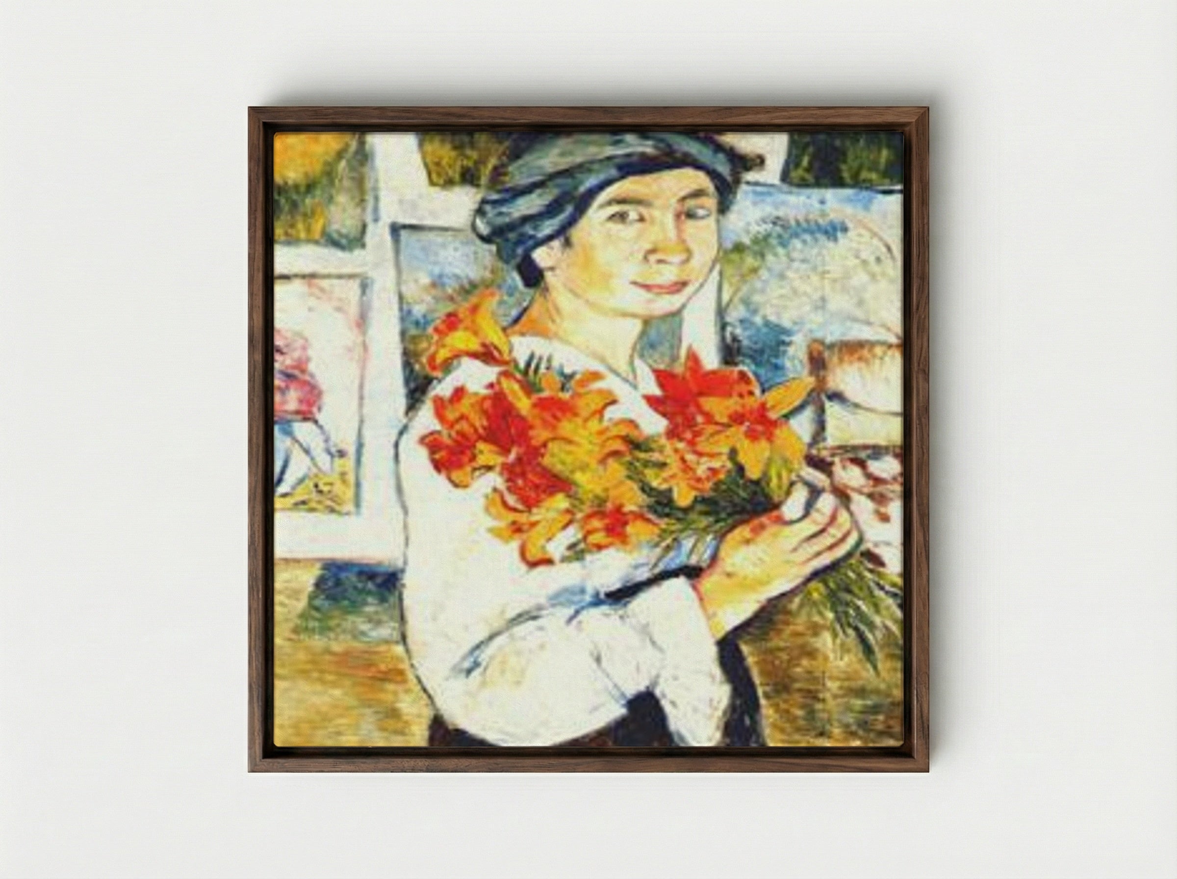 Self-portrait with yellow lilies - Natalia Goncharova - Framed Canvas Dark Wood