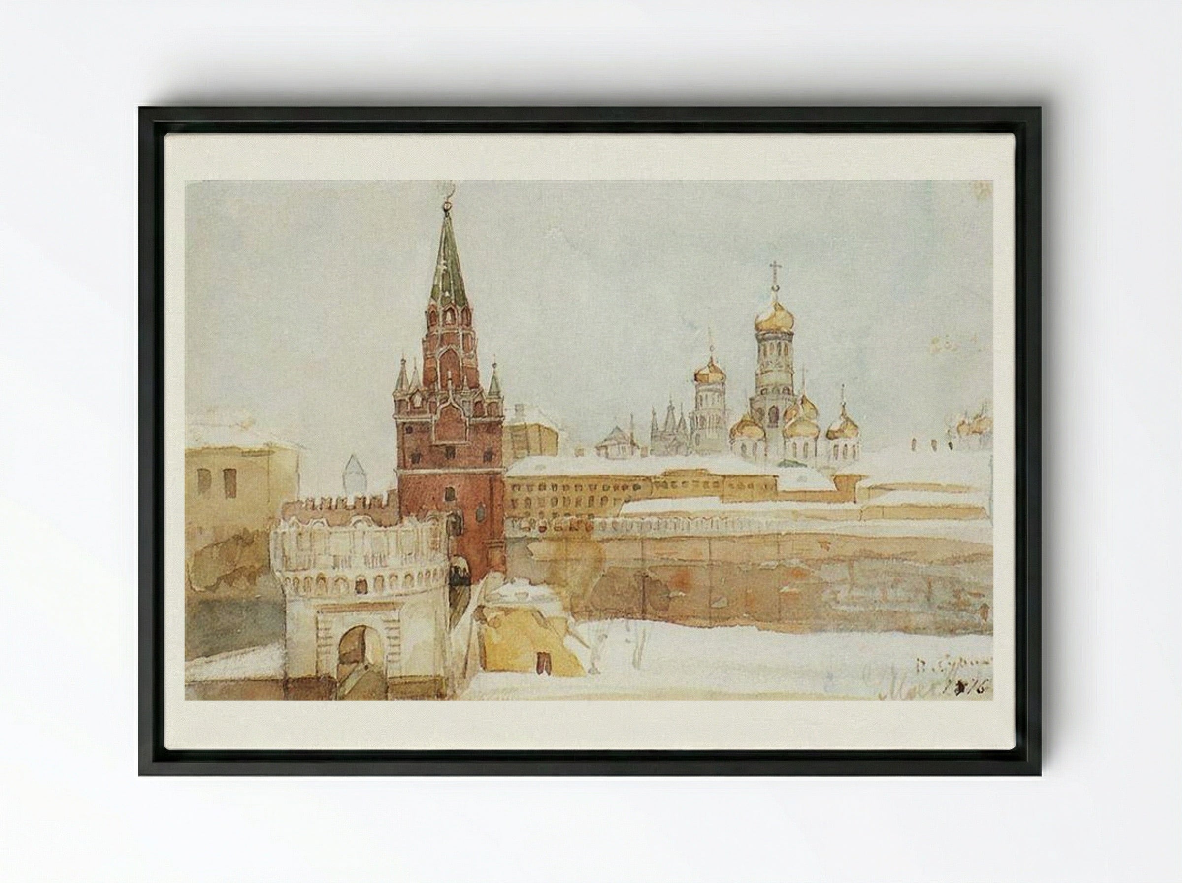 View of the Kremlin in Winter - Vasily Surikov - Framed Canvas Black