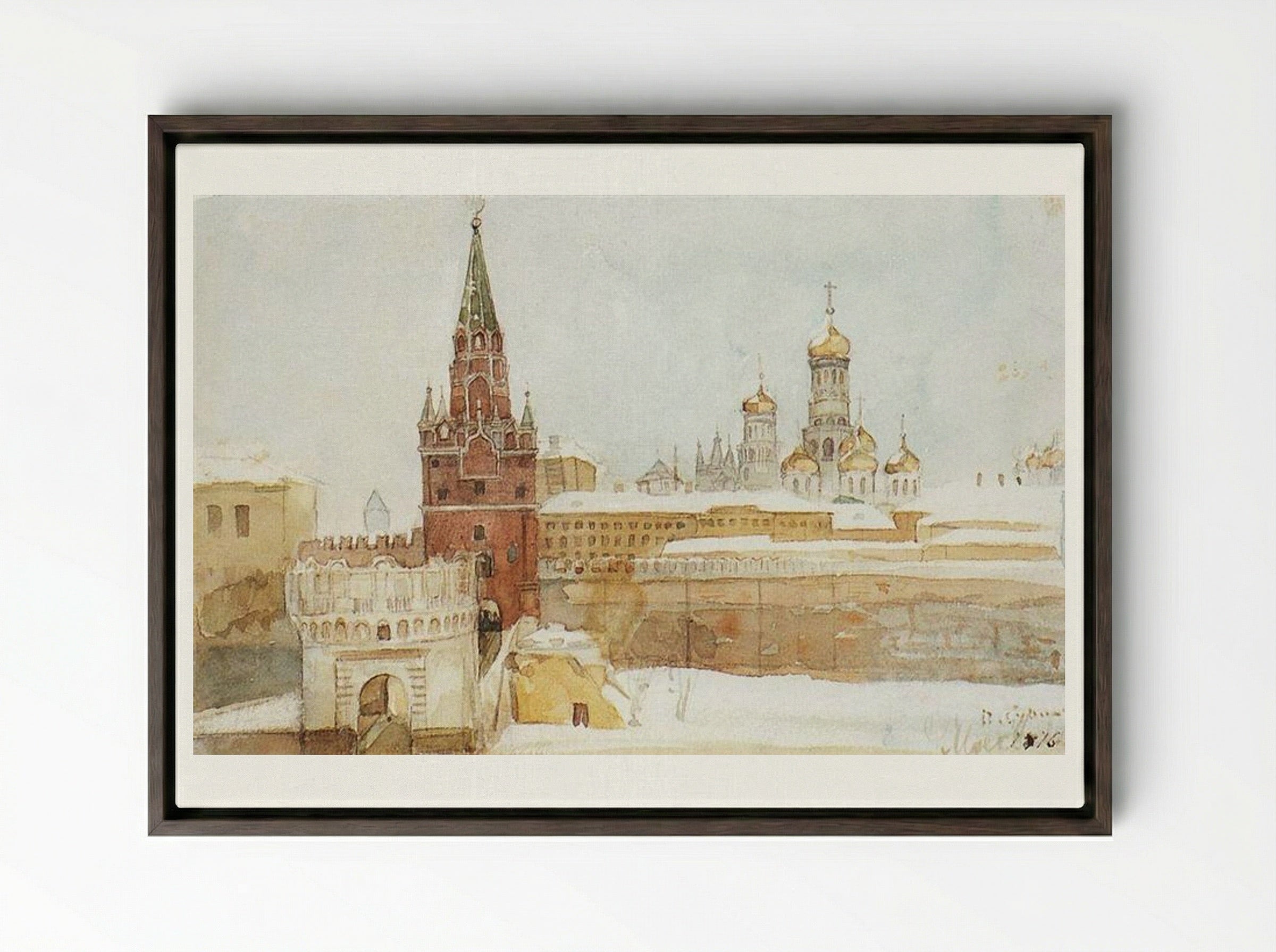 View of the Kremlin in Winter - Vasily Surikov - Framed Canvas Dark Wood