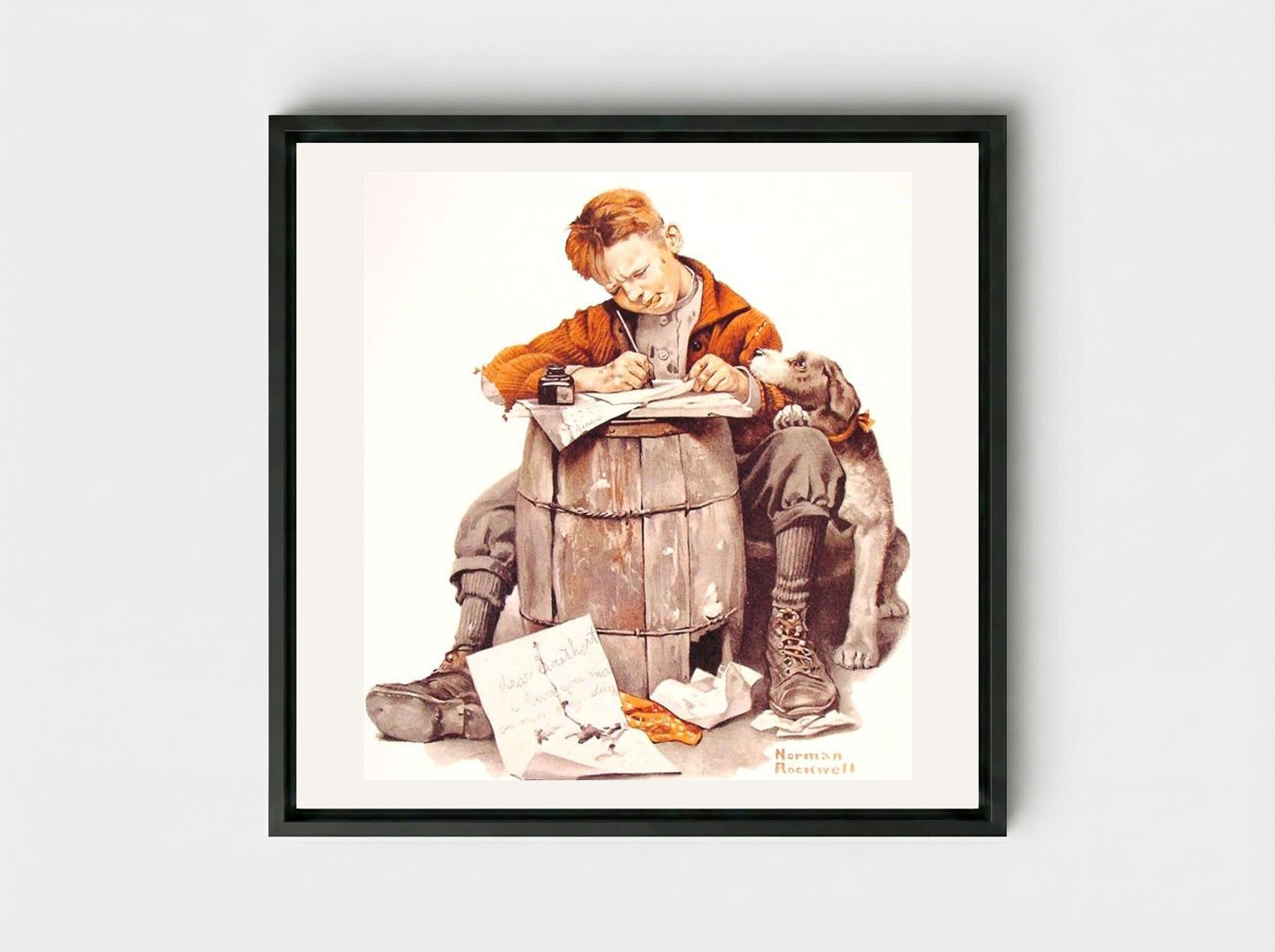 Boy Writing Letter - Norman Rockwell - Framed Canvas Black