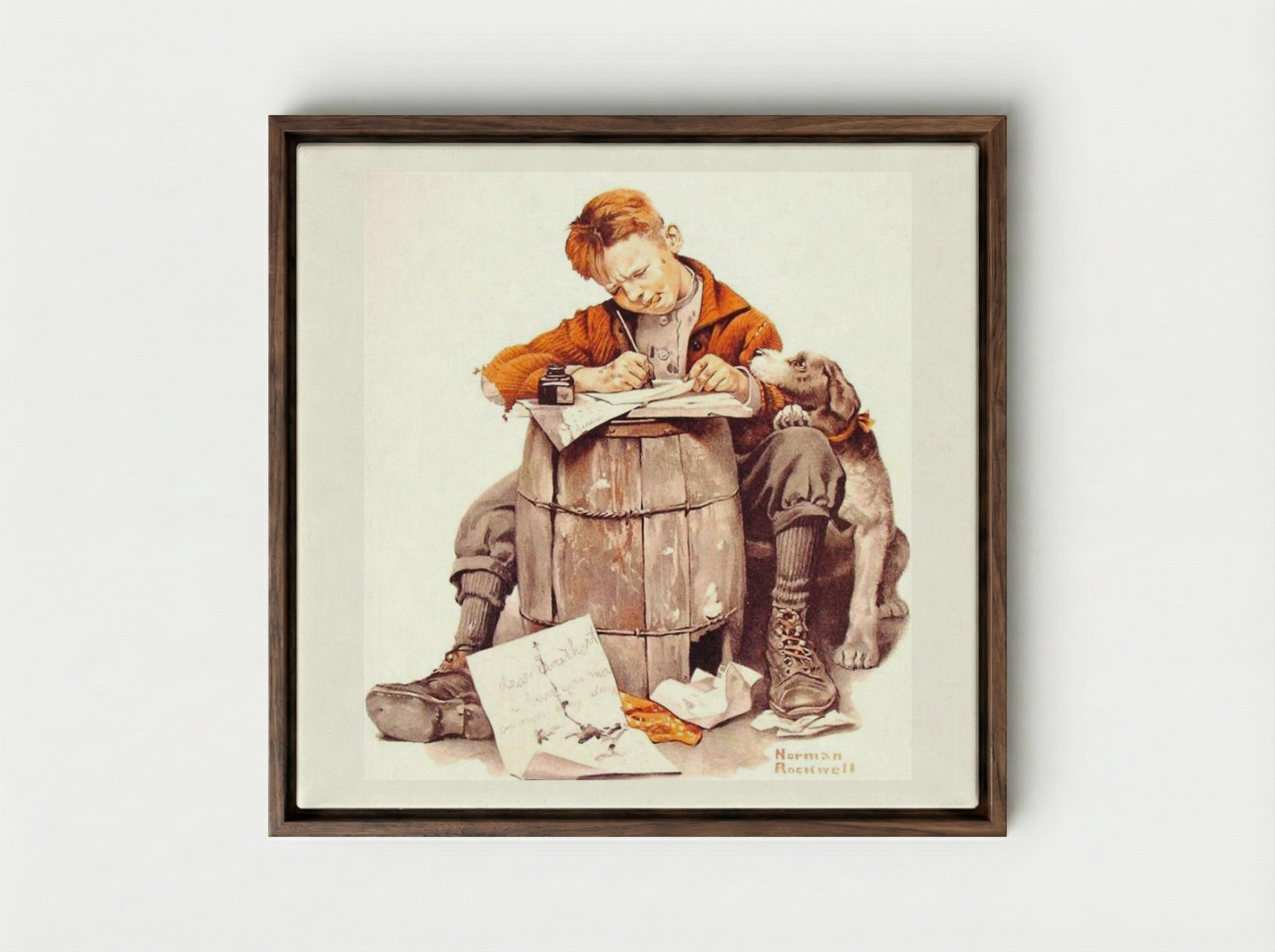 Boy Writing Letter - Norman Rockwell - Framed Canvas Dark Wood