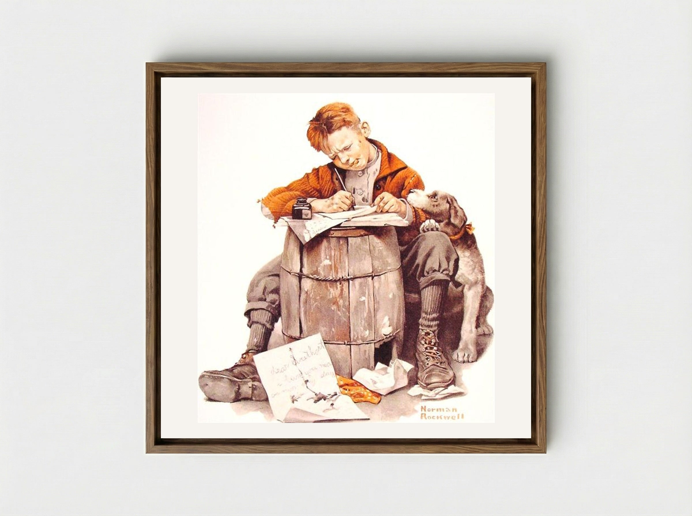 Boy Writing Letter - Norman Rockwell - Framed Canvas Wood