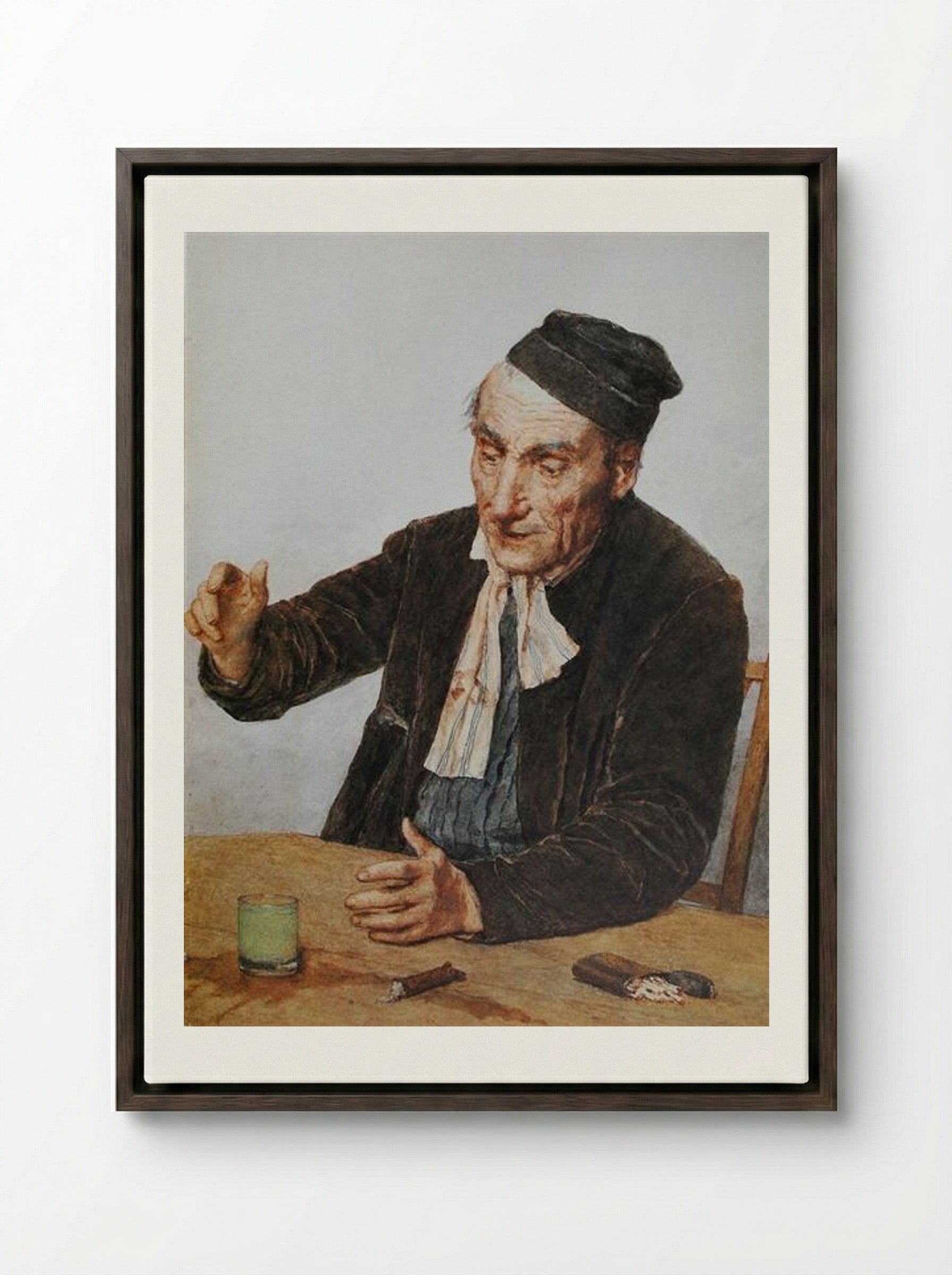 The Absinth Drinker - Albert Anker - Framed Canvas Dark Wood