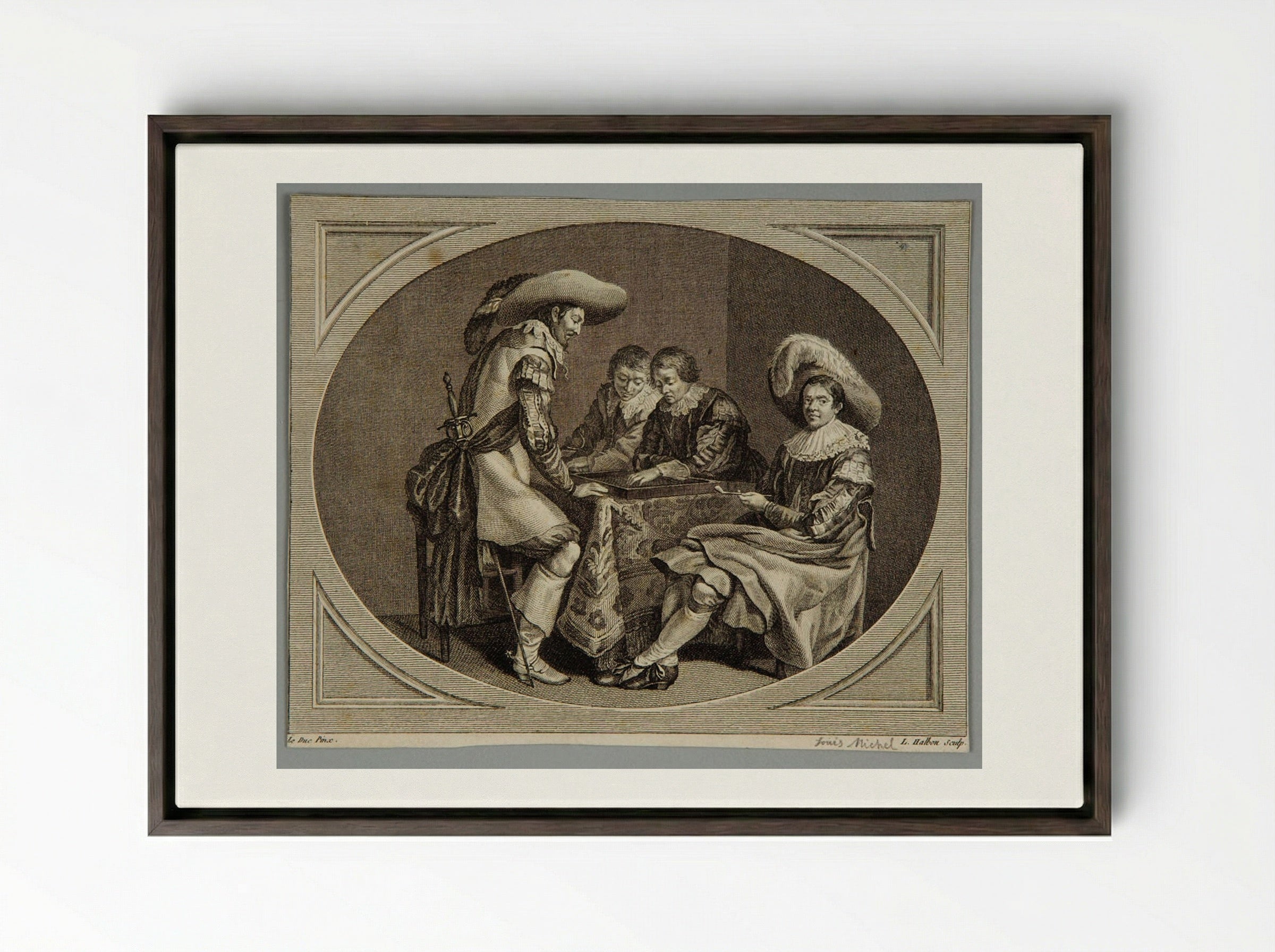 Officers Playing Backgammon - Louis Michel Halbou - Framed Canvas Dark Wood