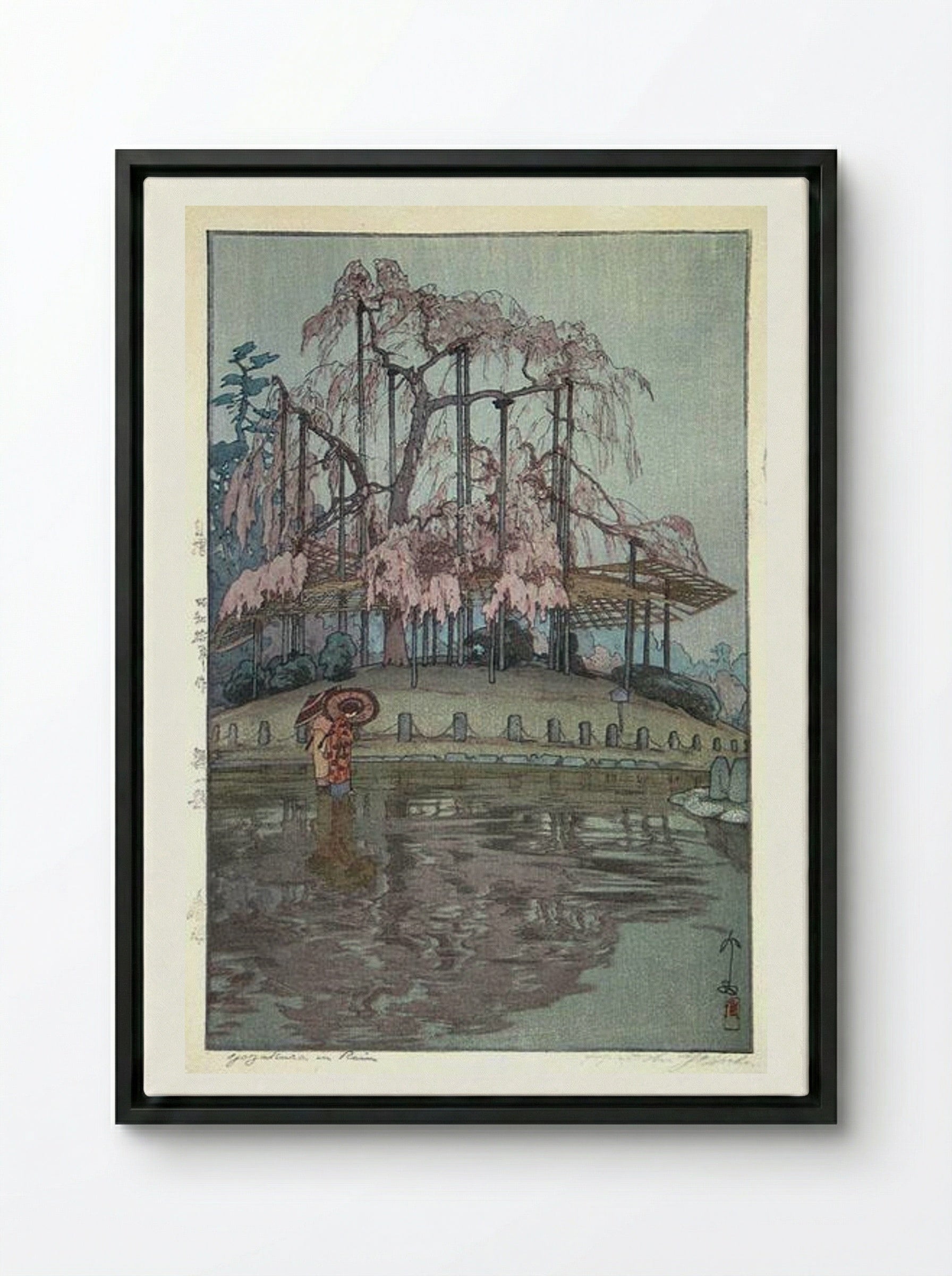 Yozakura in Rain - Hiroshi Yoshida - Framed Canvas Black