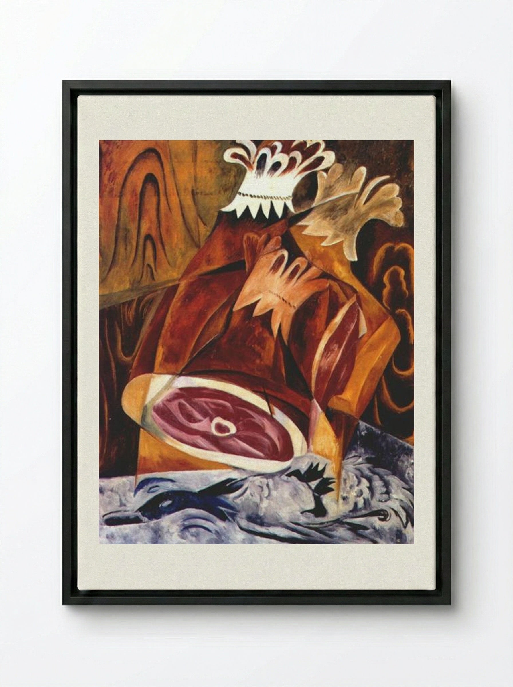 Still Life with Ham - Natalia Goncharova - Framed Canvas Black