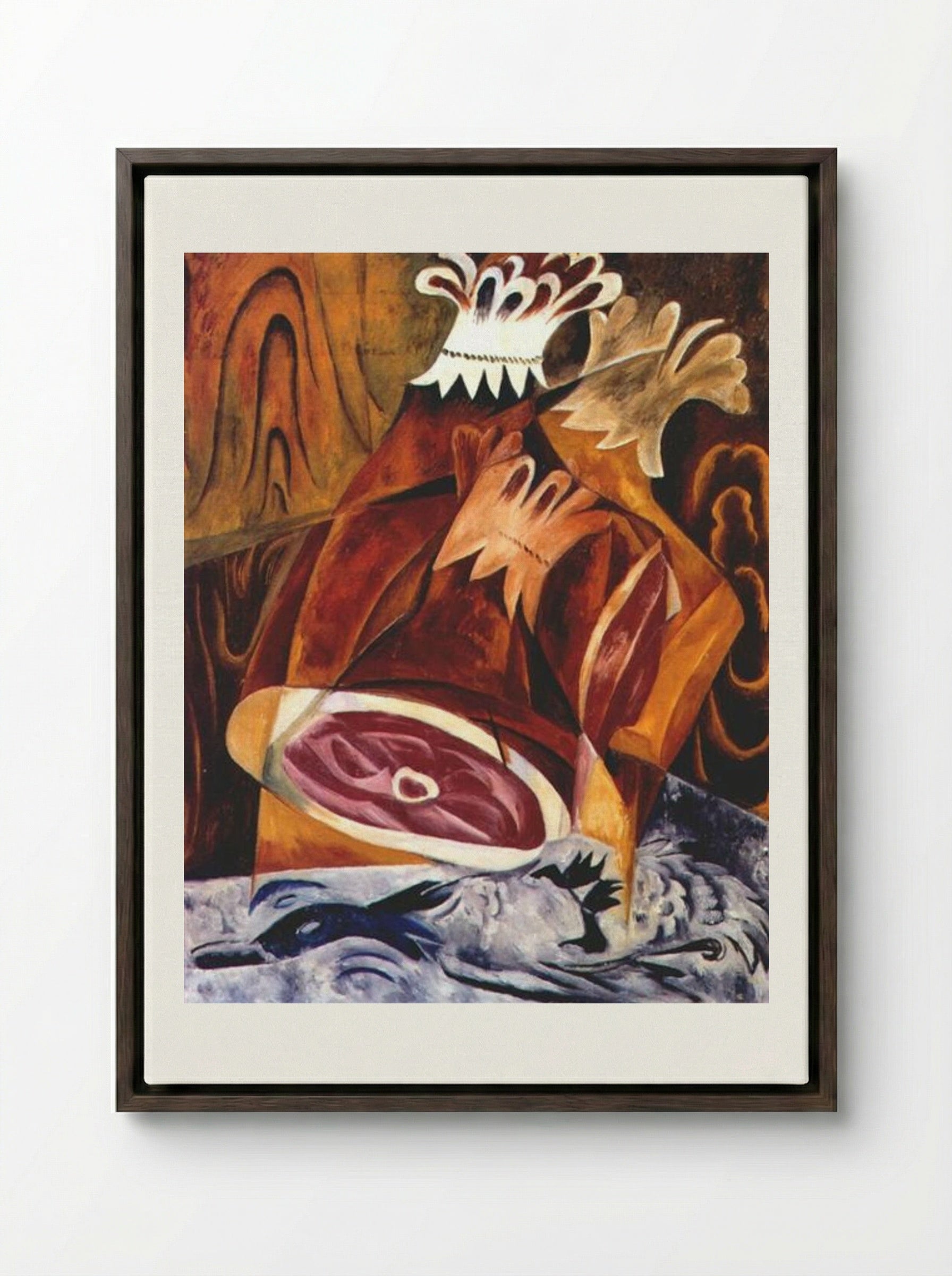 Still Life with Ham - Natalia Goncharova - Framed Canvas Dark Wood