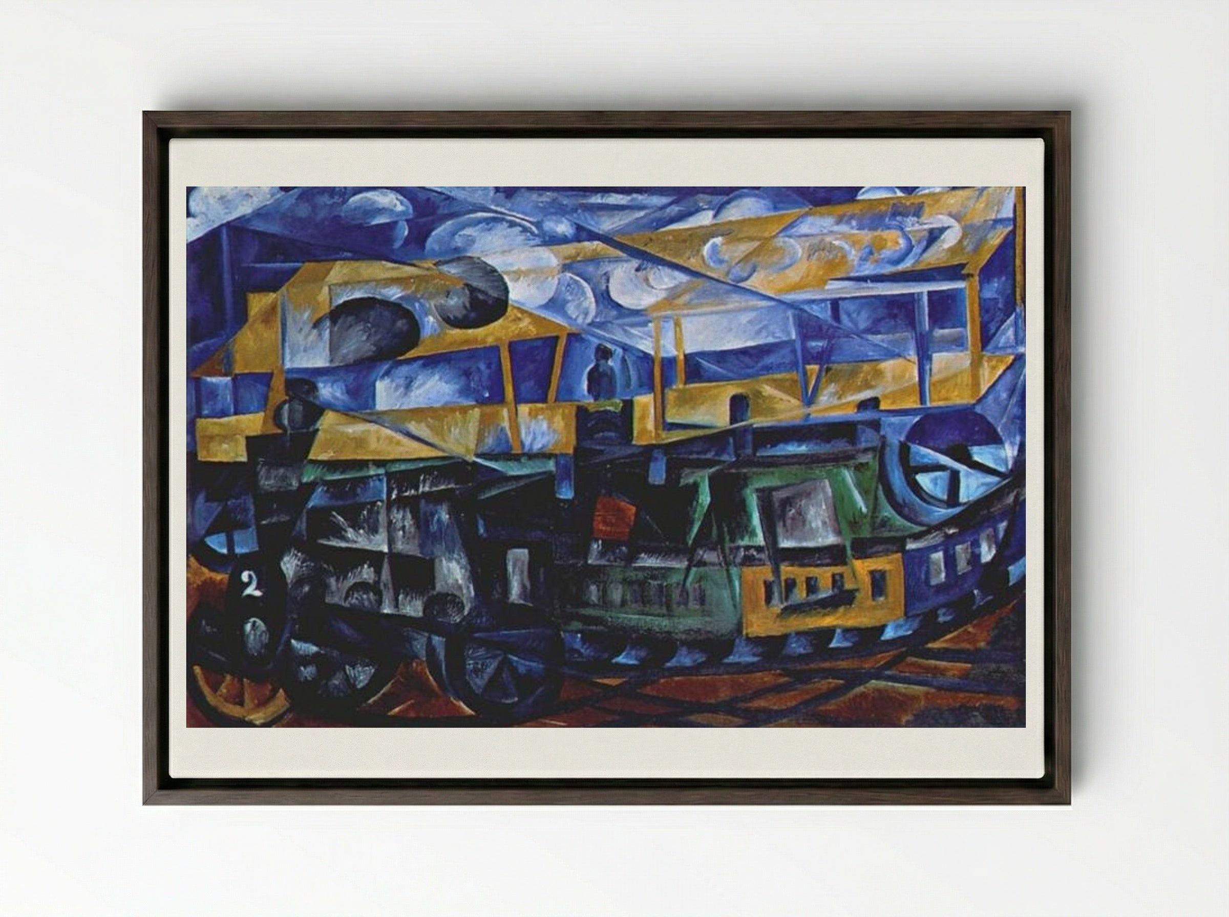 Airplane over train - Natalia Goncharova - Framed Canvas Dark Wood