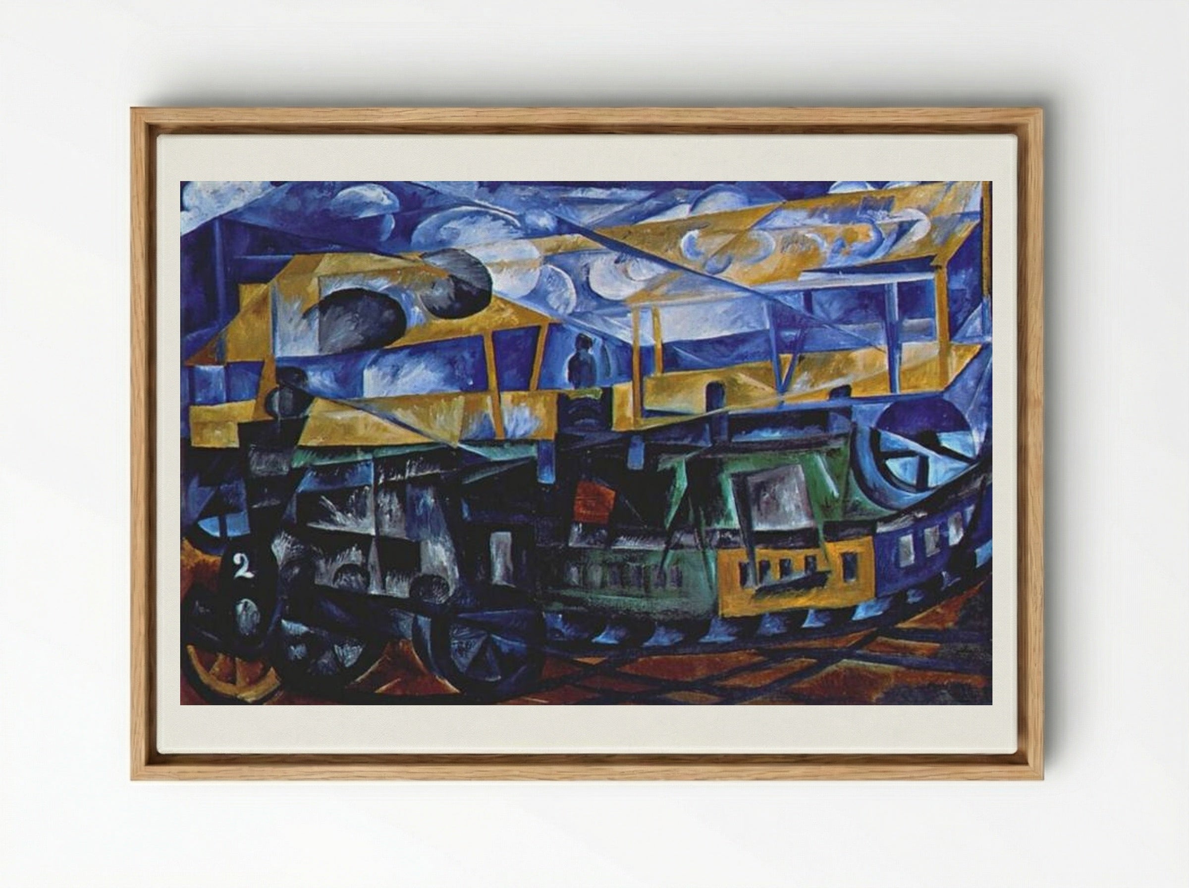 Airplane over train - Natalia Goncharova - Framed Canvas Wood