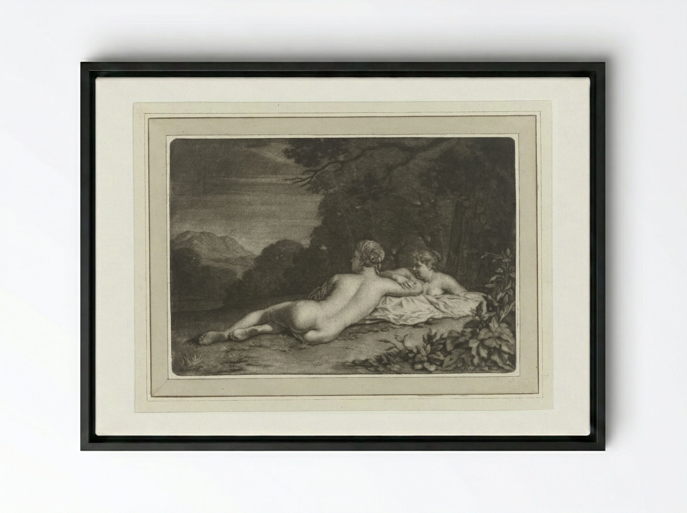 Landschap met twee nimfen - Gerard Valck - Framed Canvas Black