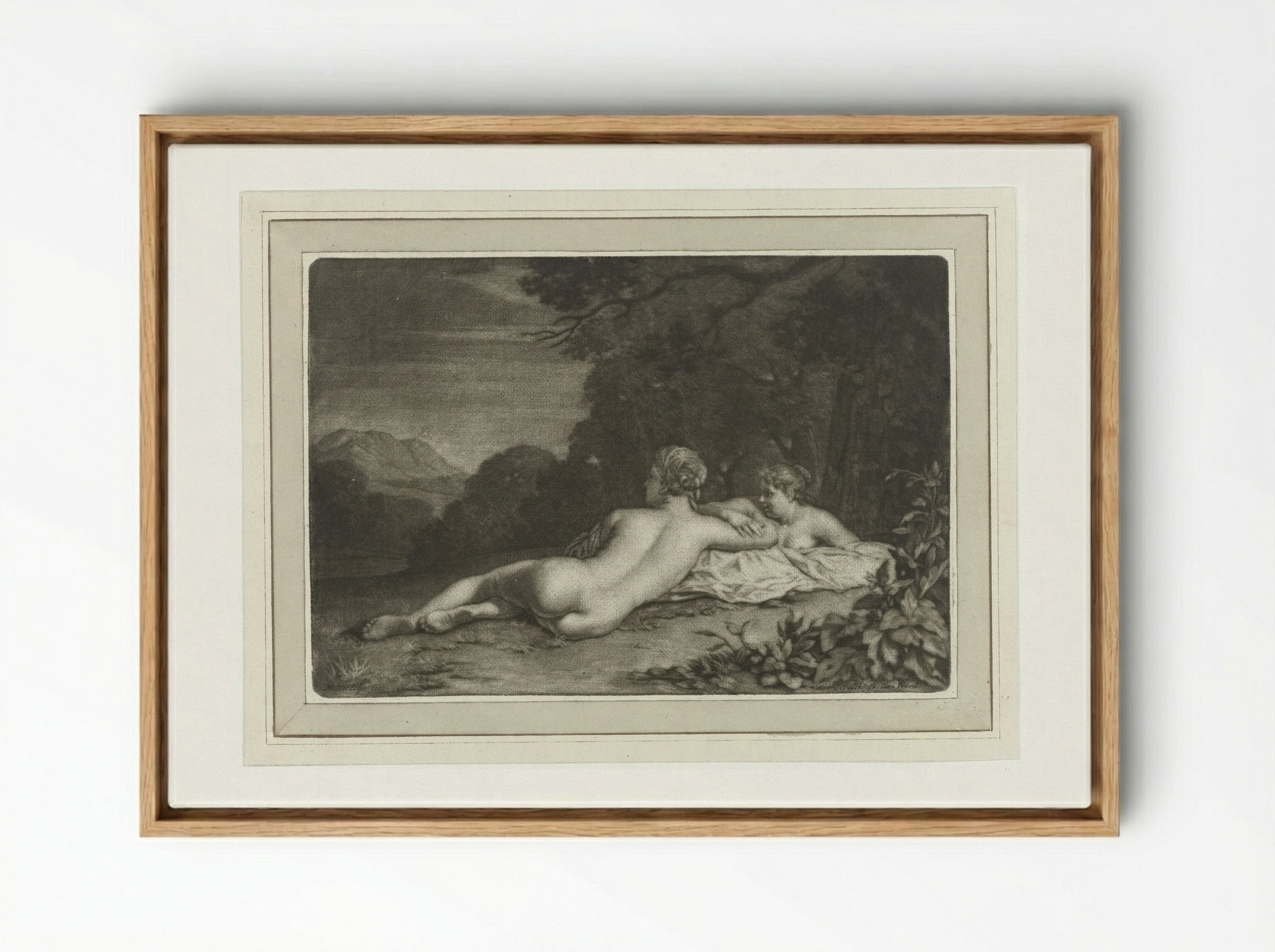 Landschap met twee nimfen - Gerard Valck - Framed Canvas Wood