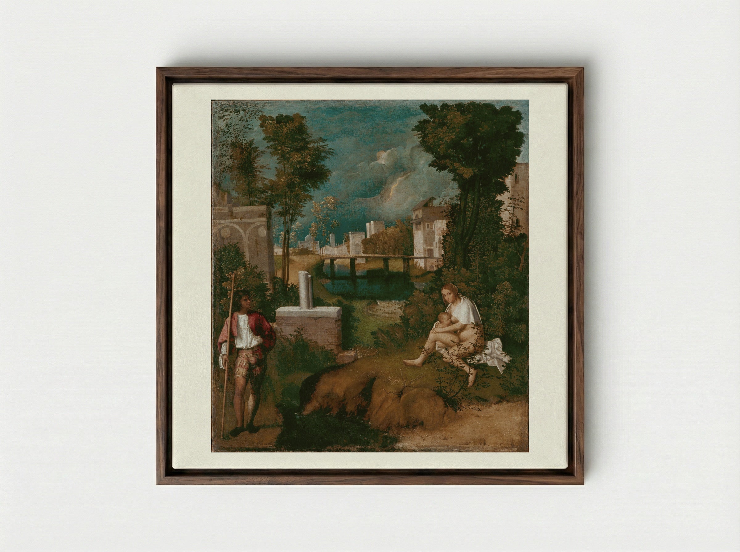 The Tempest - Giorgione - Framed Canvas Dark Wood