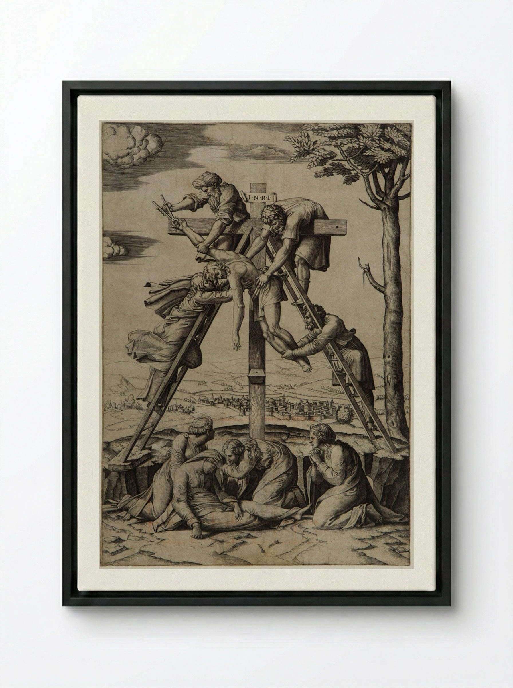 The Deposition from the Cross - Marcantonio Raimondi - Framed Canvas Black