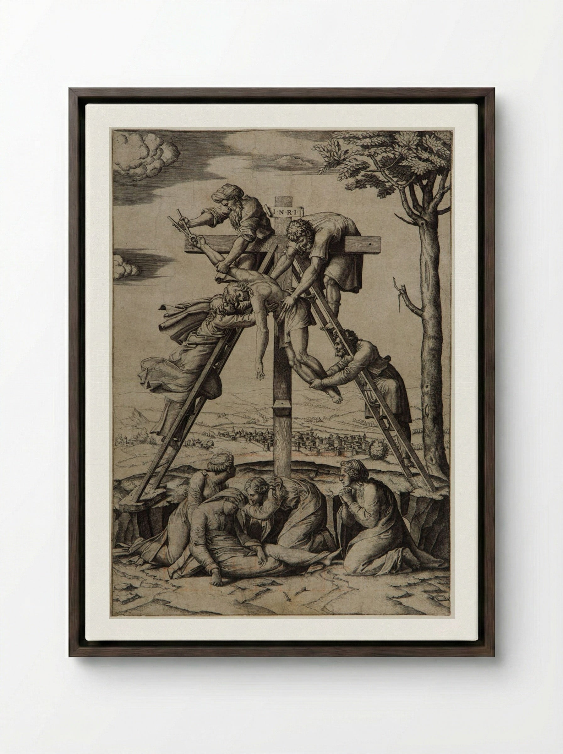 The Deposition from the Cross - Marcantonio Raimondi - Framed Canvas Dark Wood
