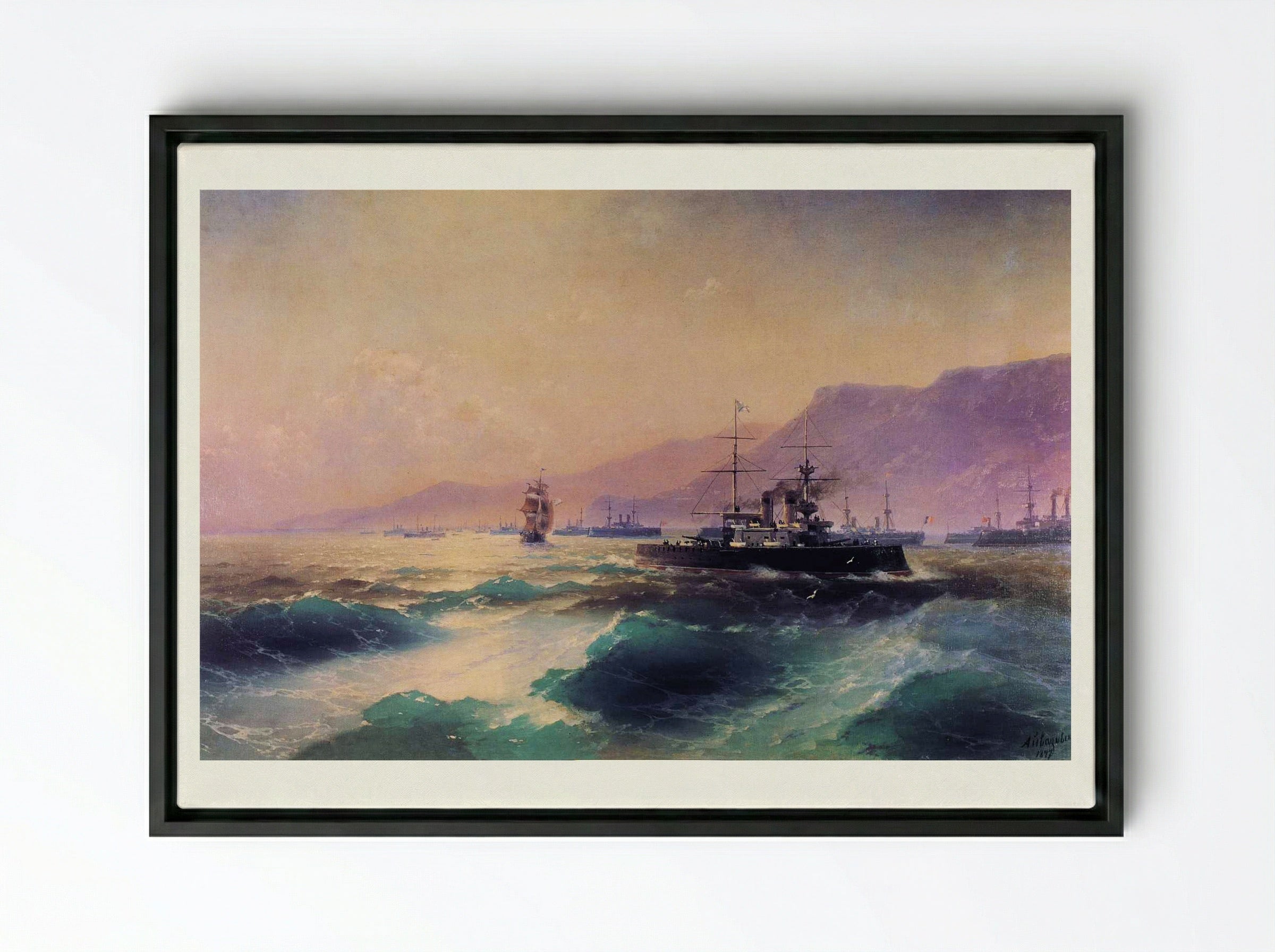 Gunboat off Crete - Ivan Aivazovsky - Framed Canvas Black