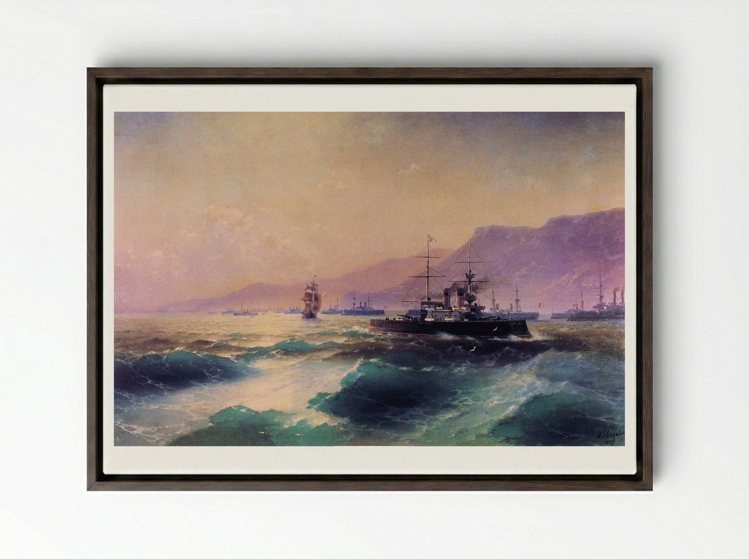 Gunboat off Crete - Ivan Aivazovsky - Framed Canvas Dark Wood