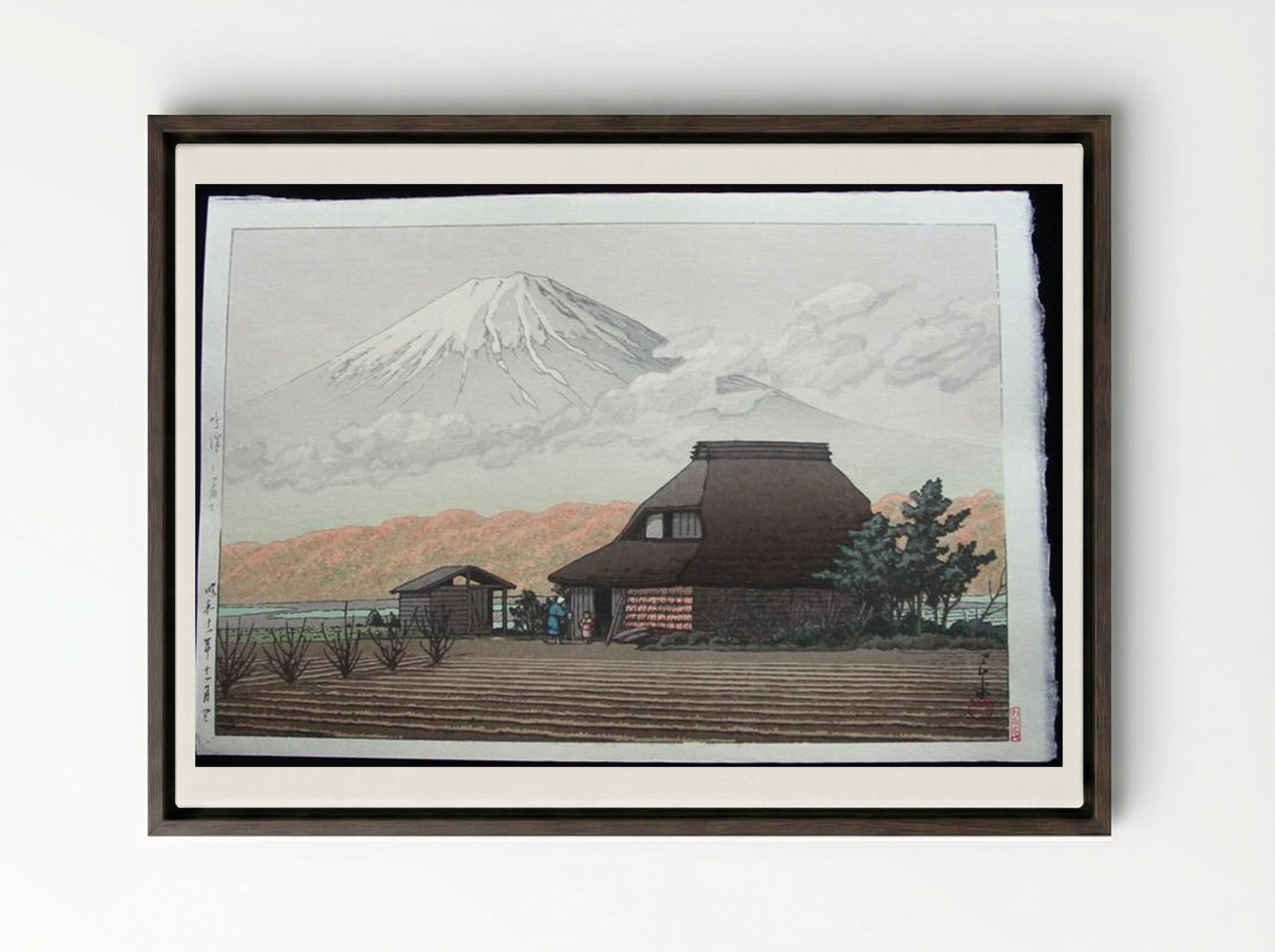 Mount Fuji from Narusawa in Autumn - Hasui Kawase - Framed Canvas Dark Wood