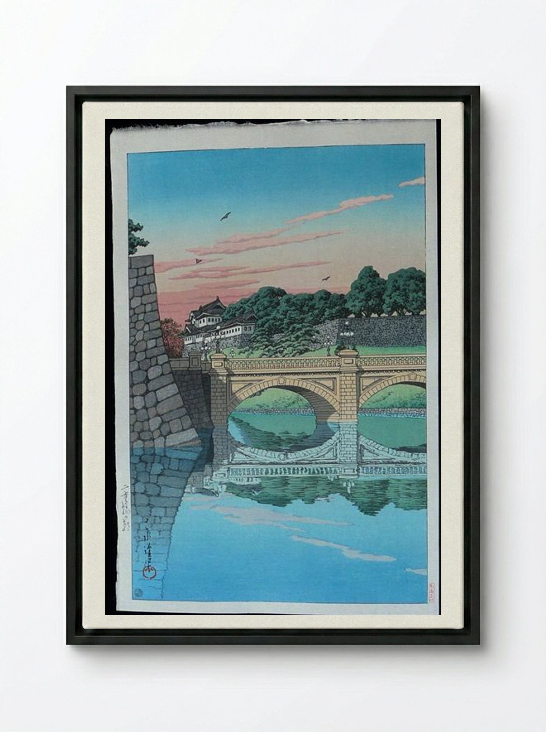 Morning at Nijubashi Bridge - Hasui Kawase - Framed Canvas Black