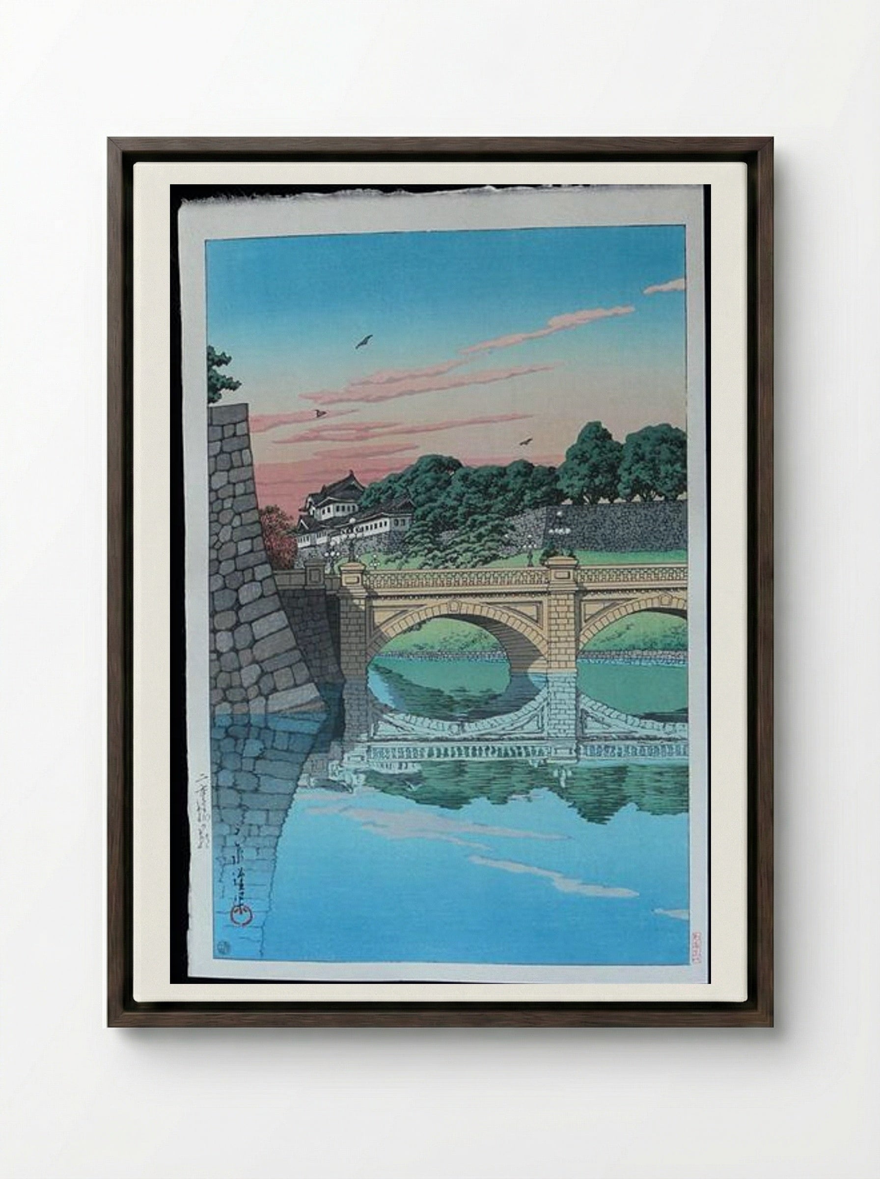 Morning at Nijubashi Bridge - Hasui Kawase - Framed Canvas Dark Wood