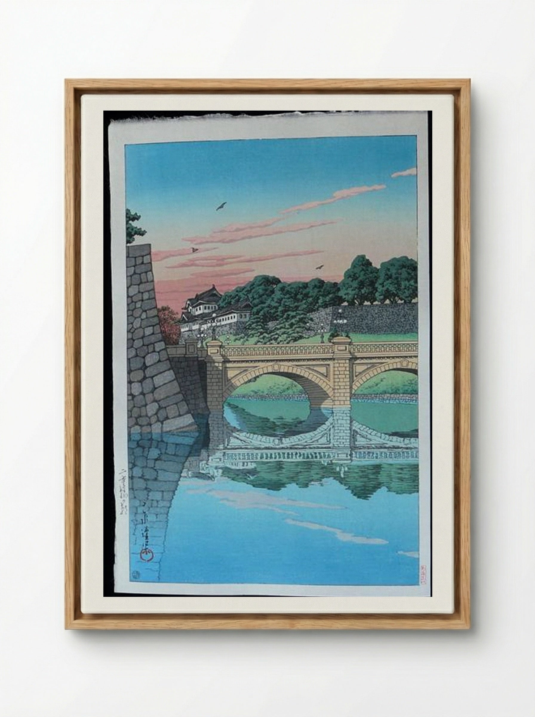 Morning at Nijubashi Bridge - Hasui Kawase - Framed Canvas Wood