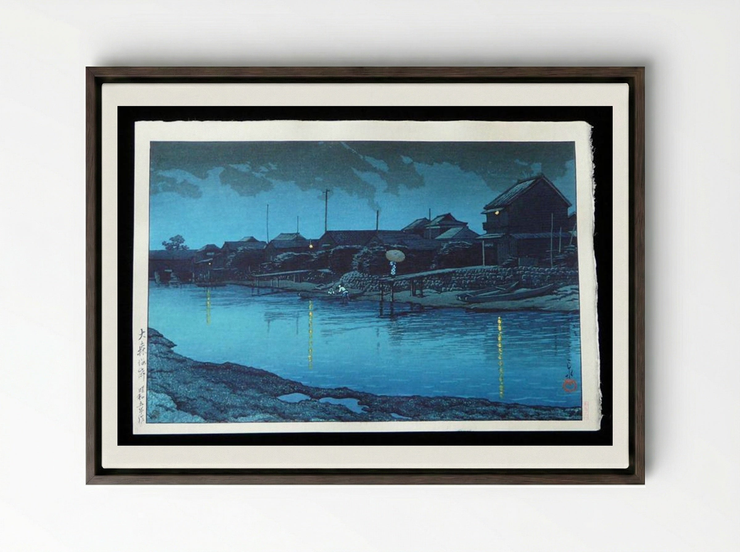 Omori Beach at Night - Hasui Kawase - Framed Canvas Dark Wood