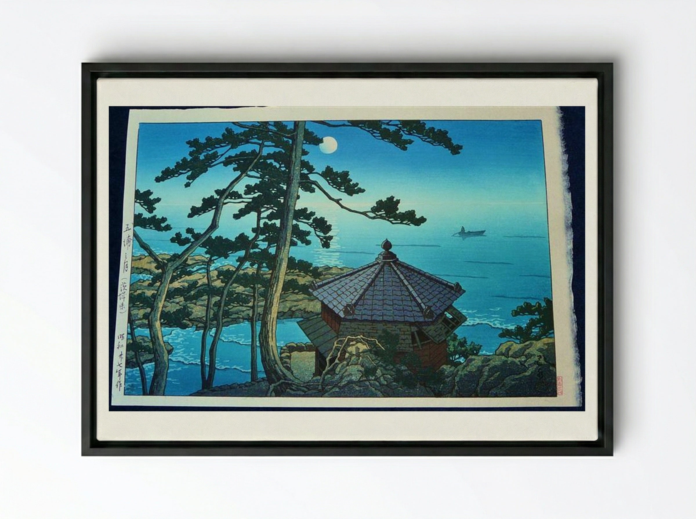 Full Moon at Izu-ura, Ibaraki - Hasui Kawase - Framed Canvas Black