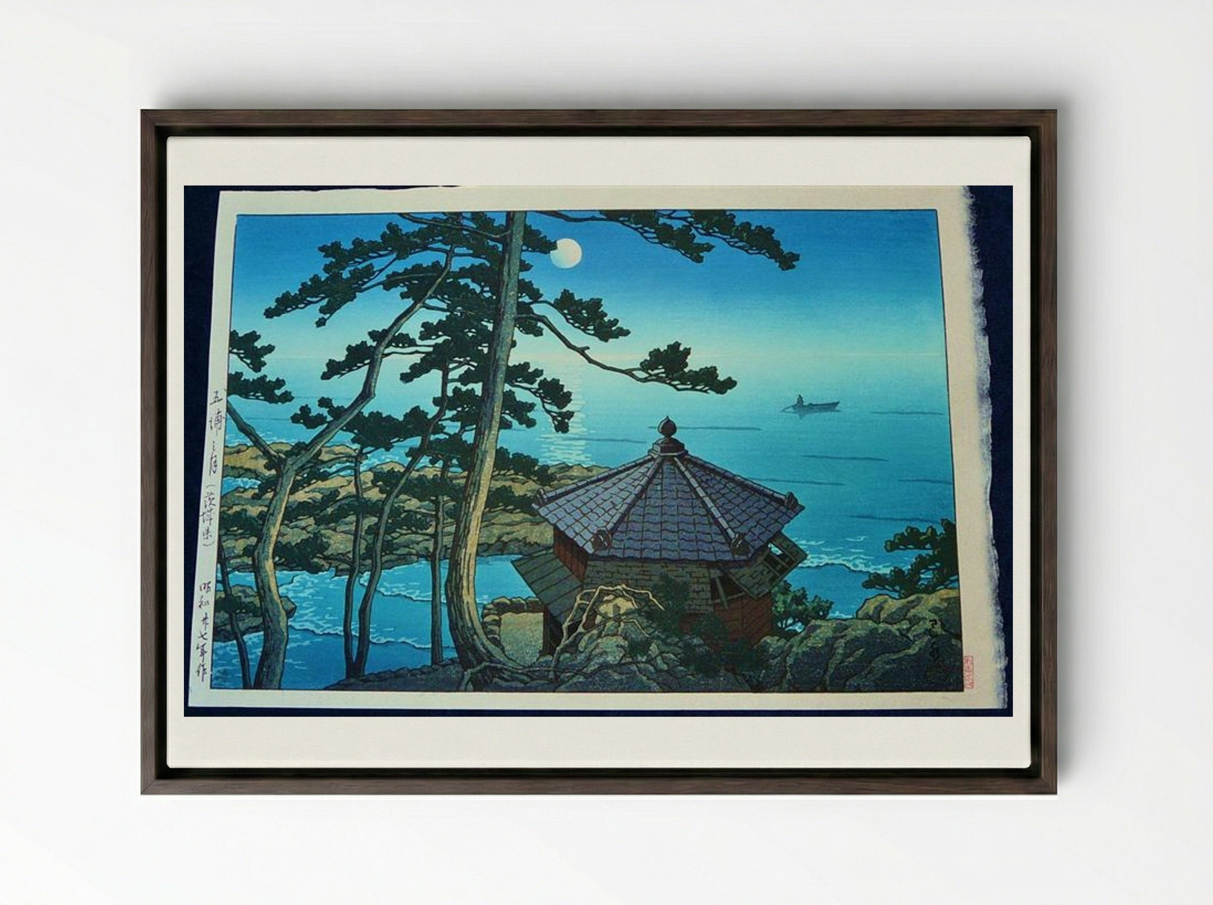 Full Moon at Izu-ura, Ibaraki - Hasui Kawase - Framed Canvas Dark Wood