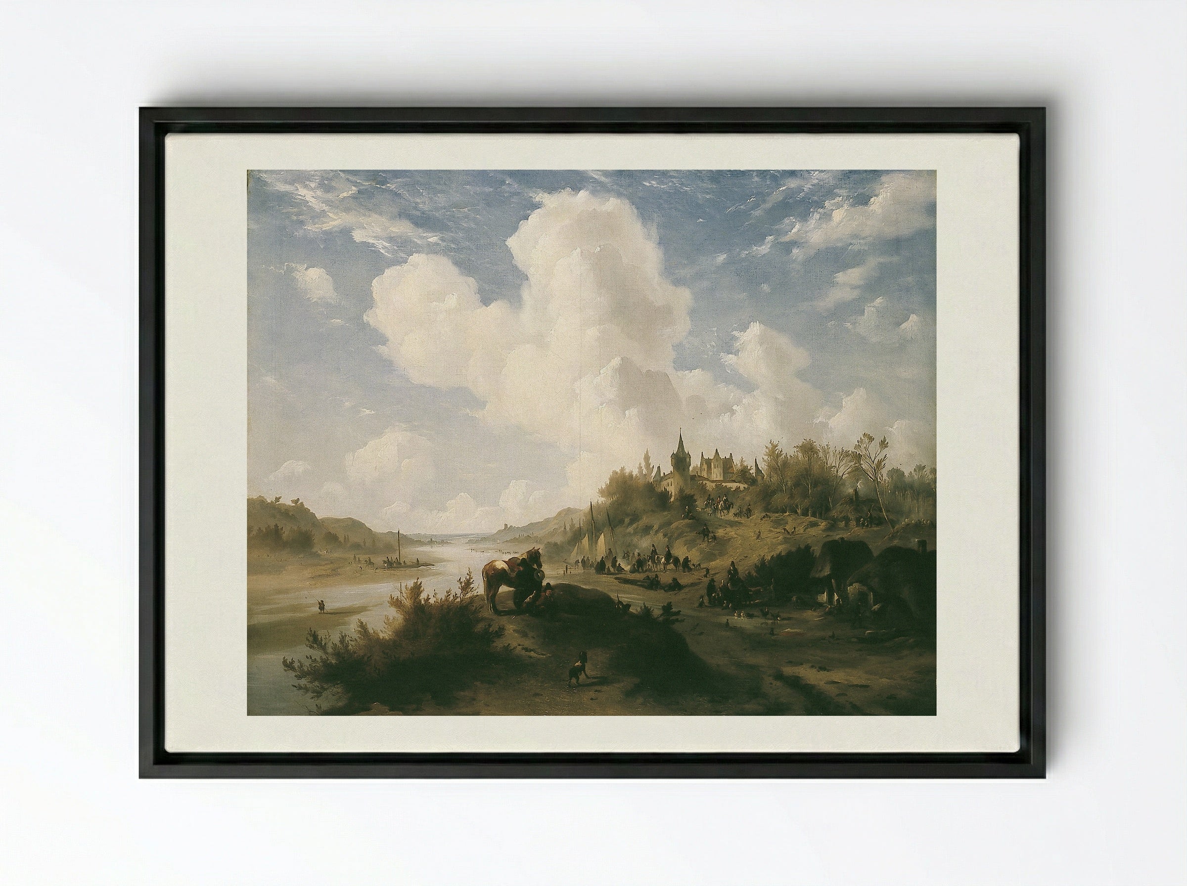 River Scene with Figures and Castle - Johannes Tavenraat - Framed Canvas Black