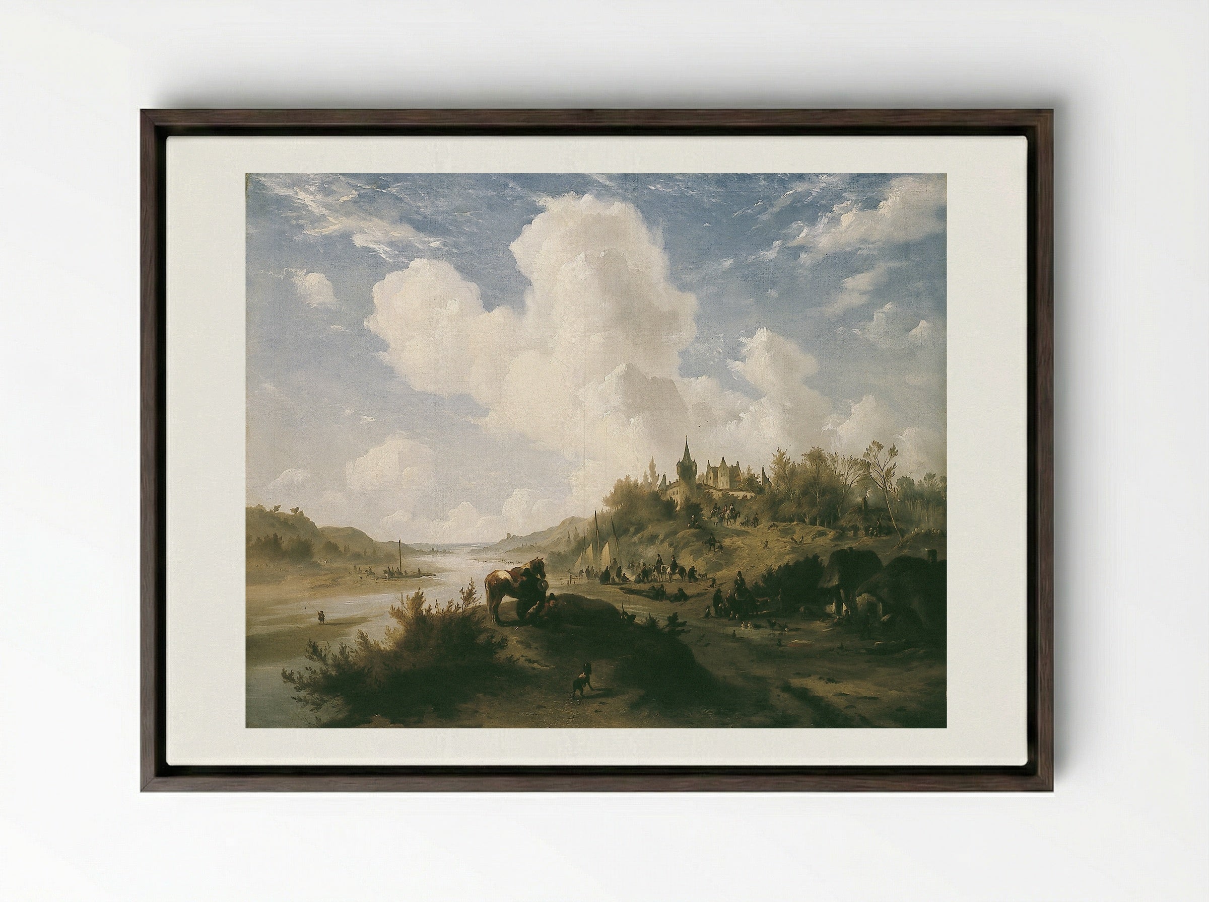 River Scene with Figures and Castle - Johannes Tavenraat - Framed Canvas Dark Wood
