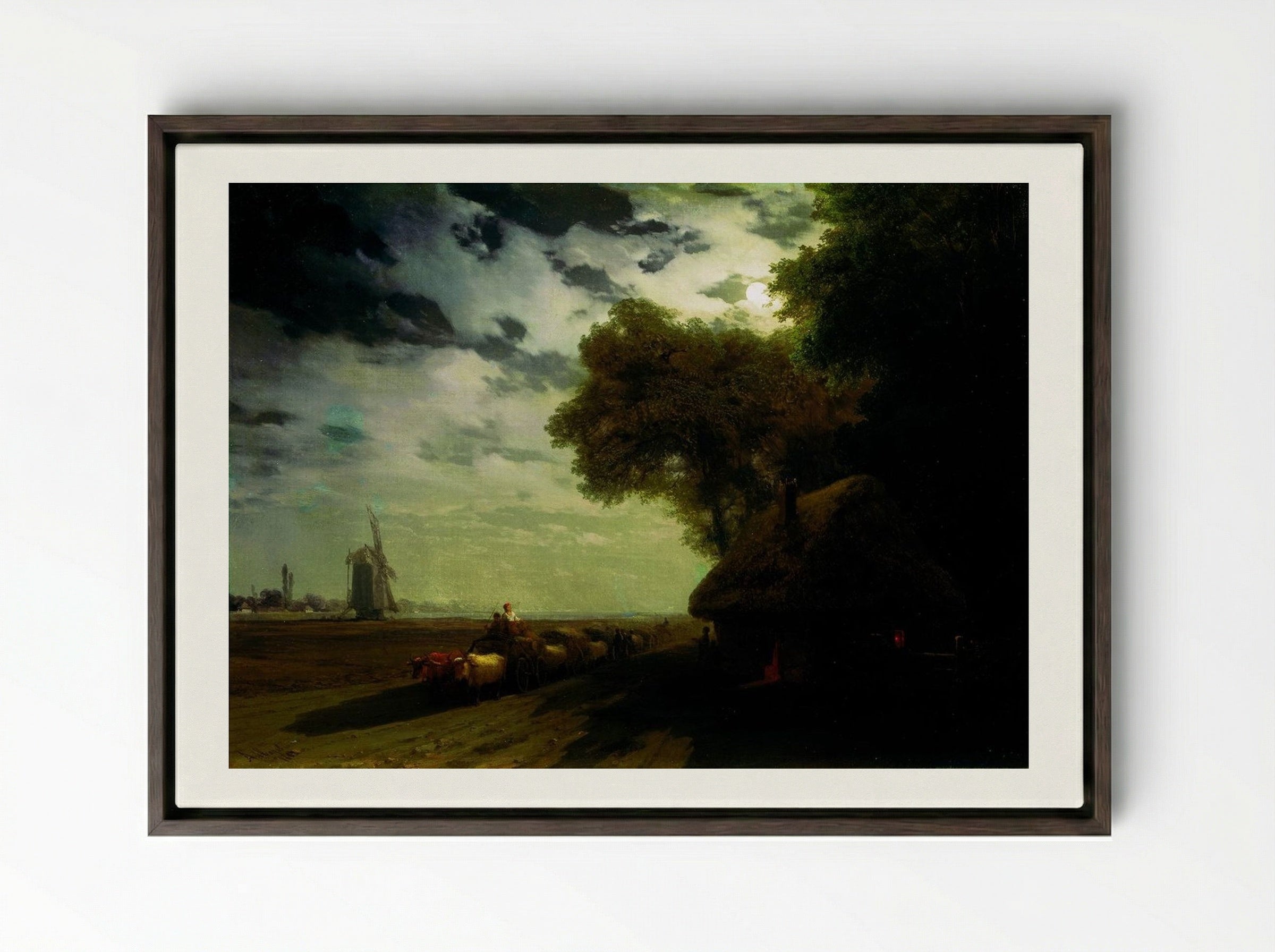 Ukrainian Landscape with Chumaks in the Moonlight - Ivan Aivazovsky - Framed Canvas Dark Wood