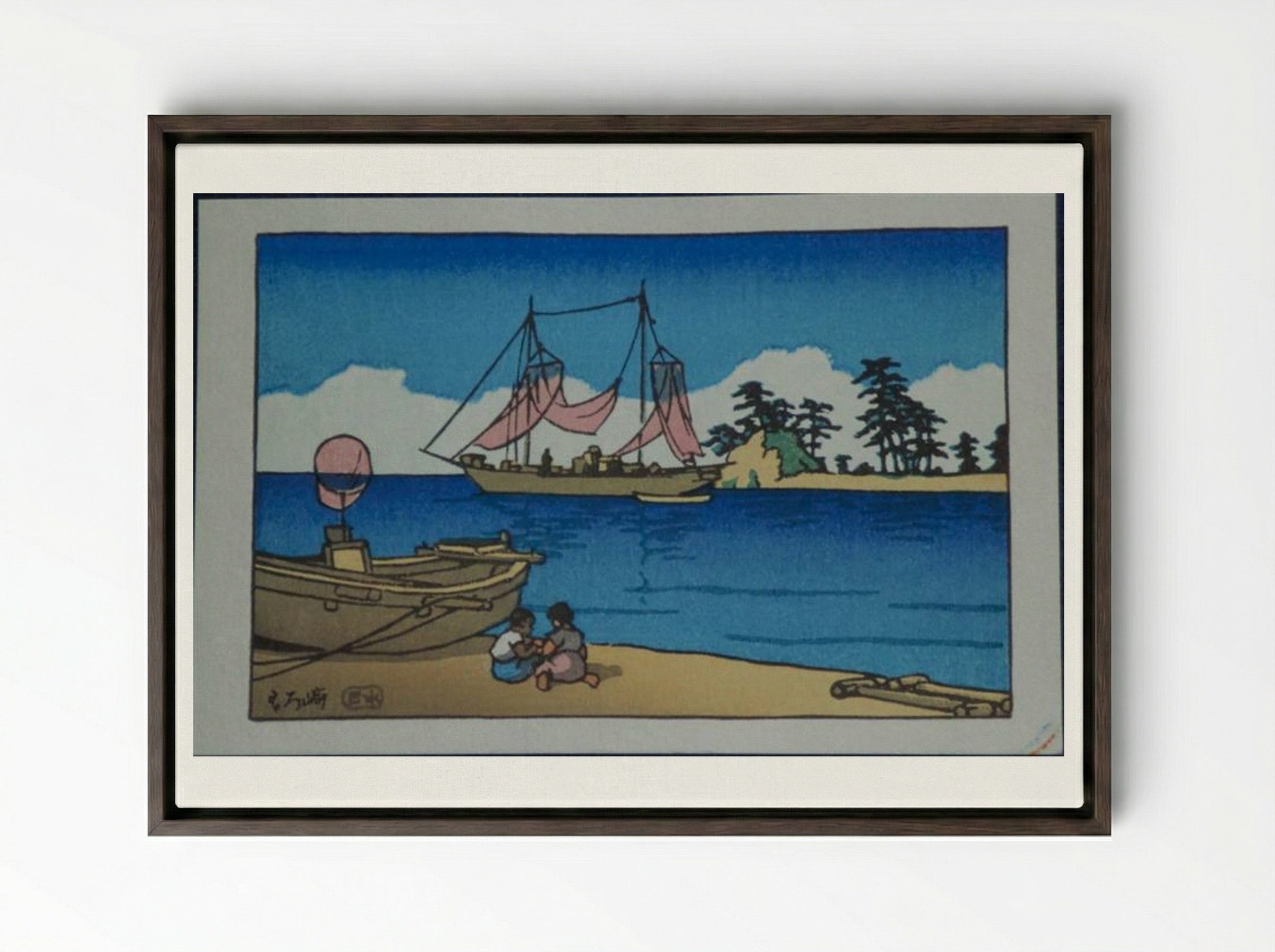 Children at the Seaside - Hasui Kawase - Framed Canvas Dark Wood