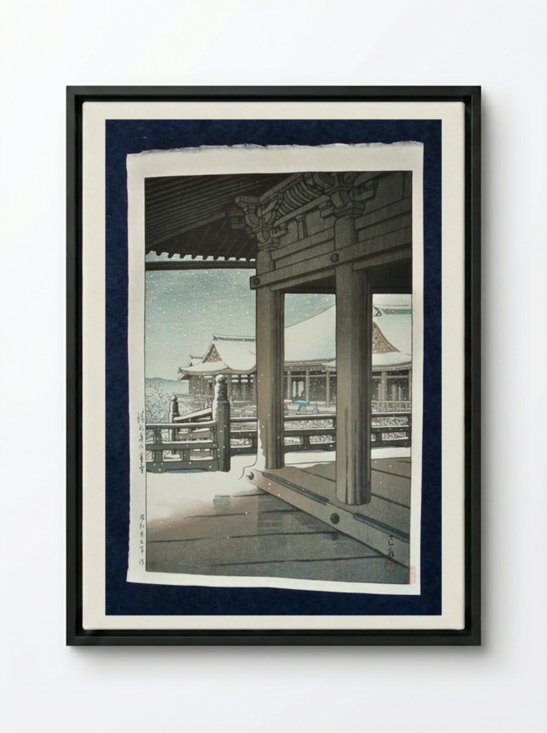 Snow Fall at Kiyomizu Temple, Kyoto - Hasui Kawase - Framed Canvas Black