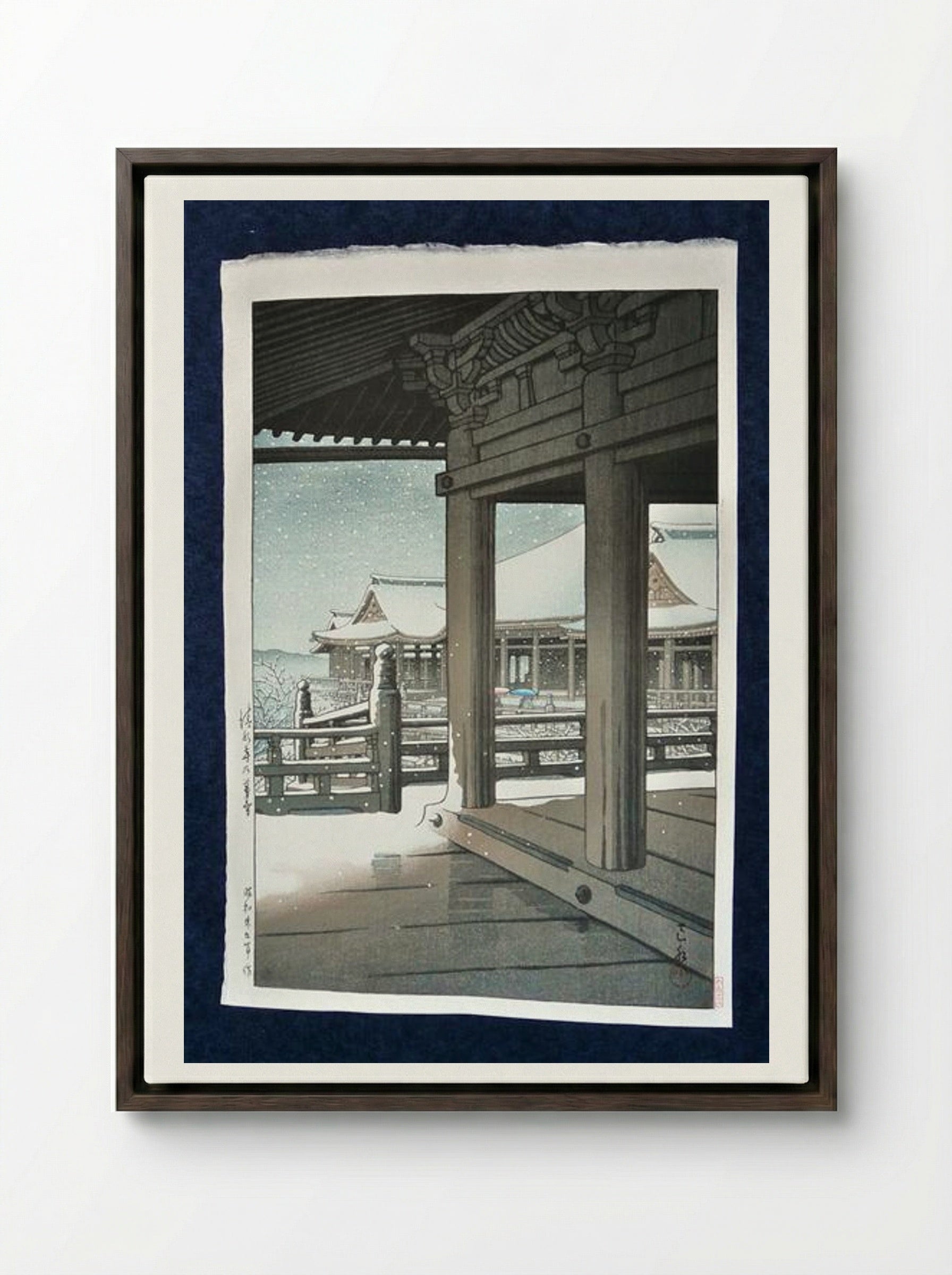 Snow Fall at Kiyomizu Temple, Kyoto - Hasui Kawase - Framed Canvas Dark Wood