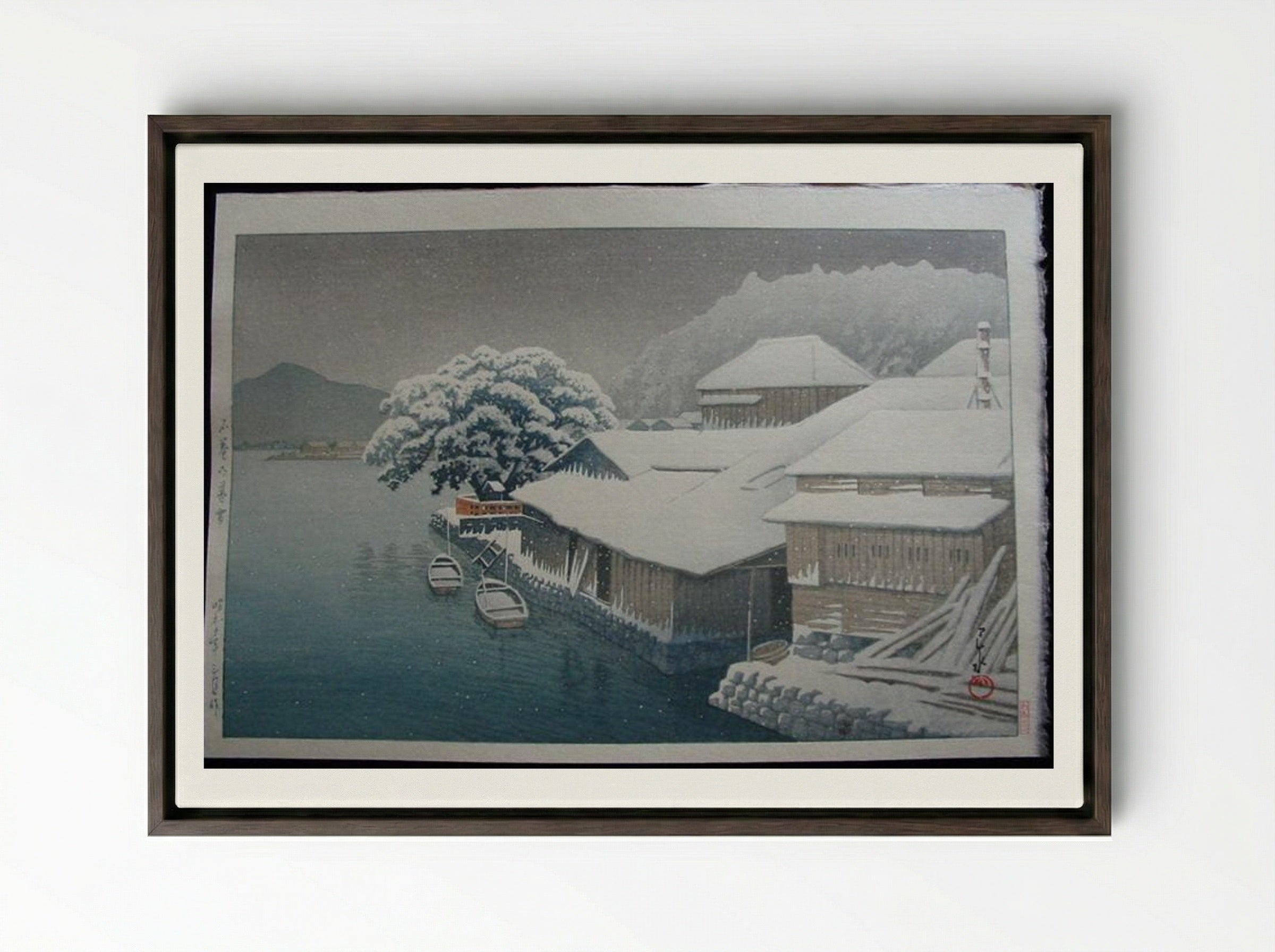 Snow at Ishinomaki - Hasui Kawase - Framed Canvas Dark Wood