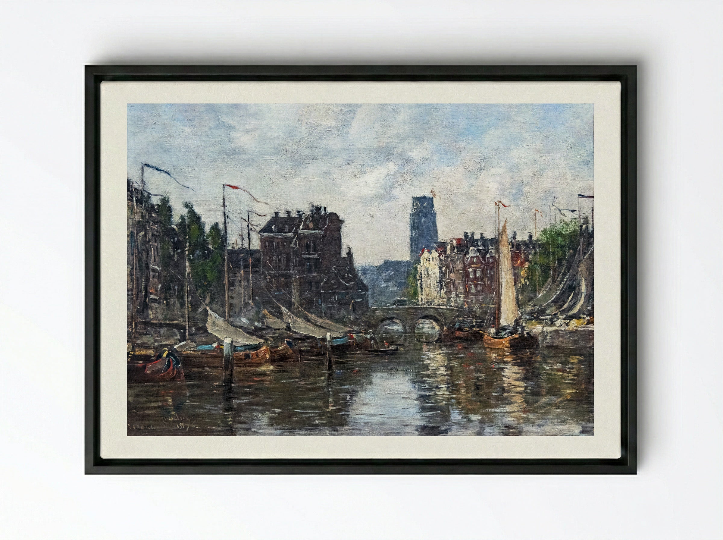 Rotterdam, Le Pont de Bourse - Eugène Boudin - Framed Canvas Black