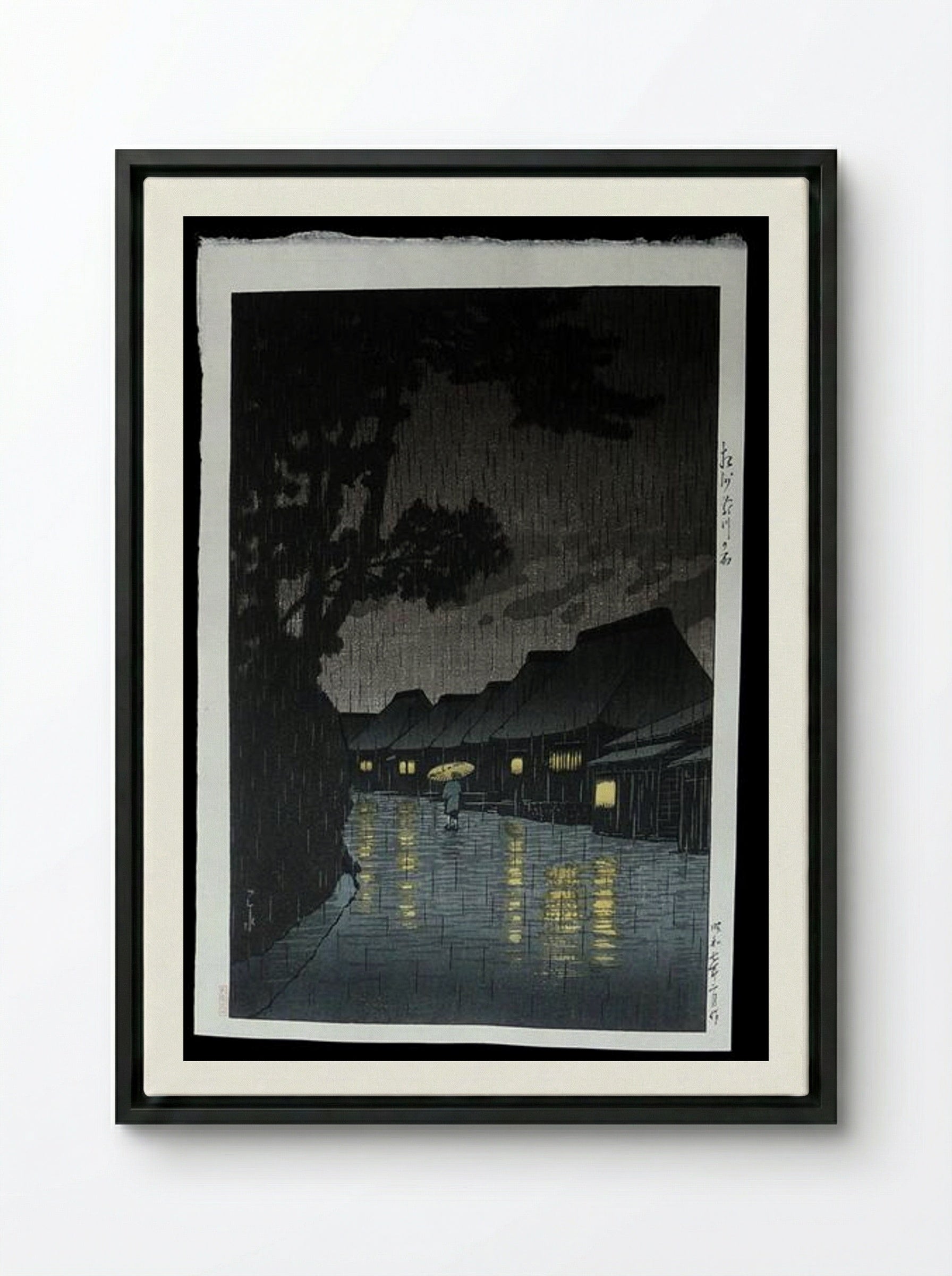 Rainy Night at Maekawa - Hasui Kawase - Framed Canvas Black