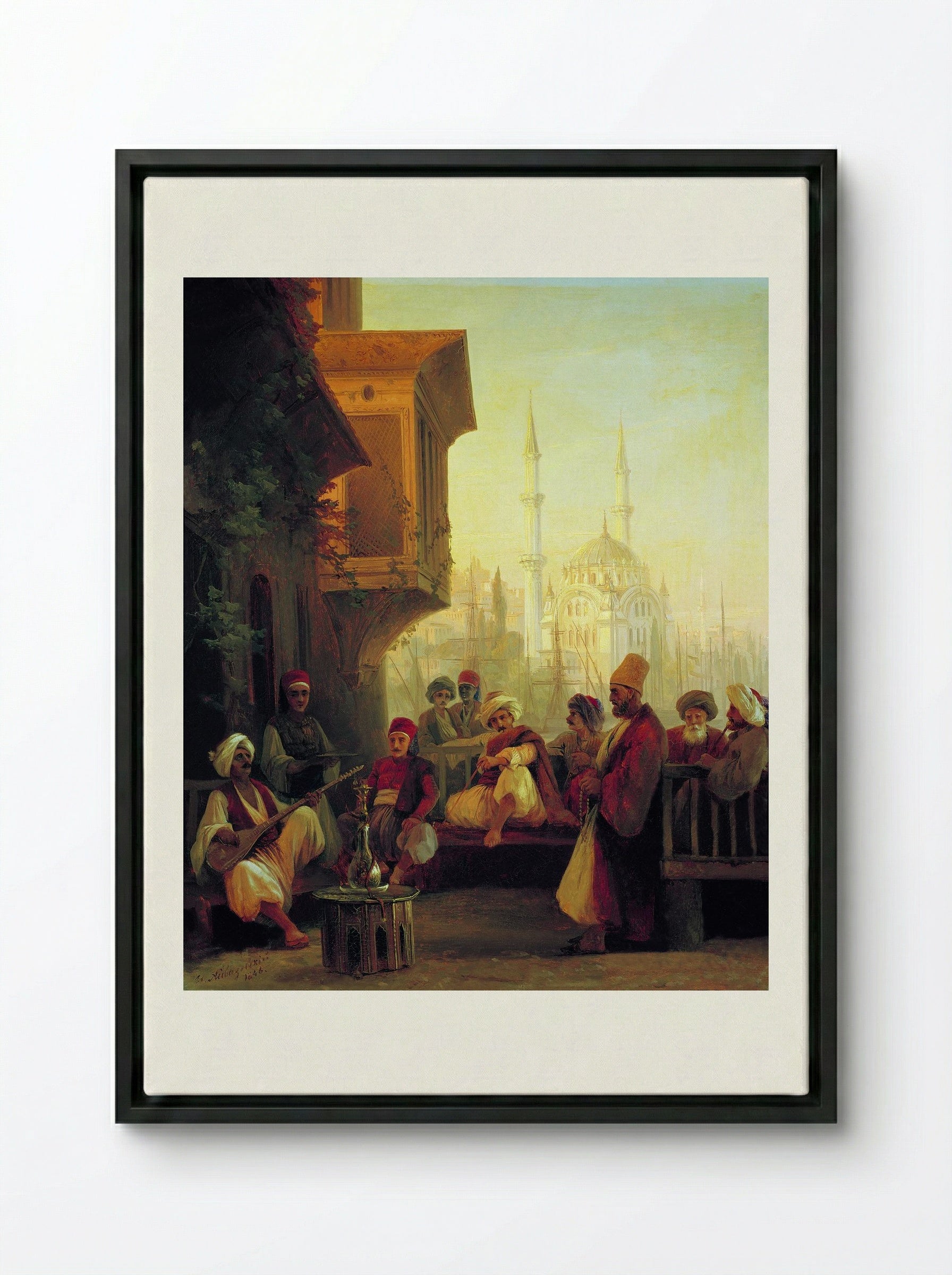 Coffee house by the Ortaköy Mosque in Constantinople - Ivan Aivazovsky - Framed Canvas Black