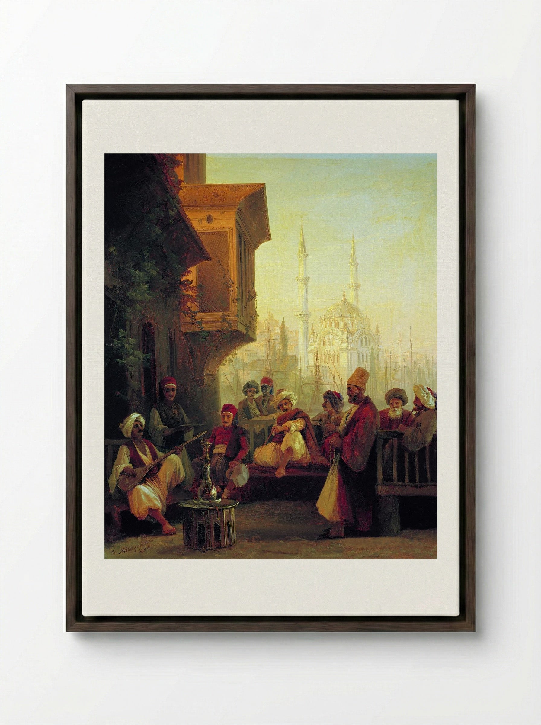 Coffee house by the Ortaköy Mosque in Constantinople - Ivan Aivazovsky - Framed Canvas Dark Wood
