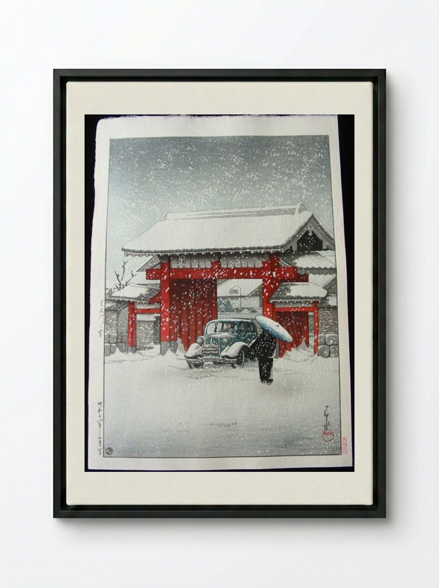 Snow at Shiba Daimon - Hasui Kawase - Framed Canvas Black