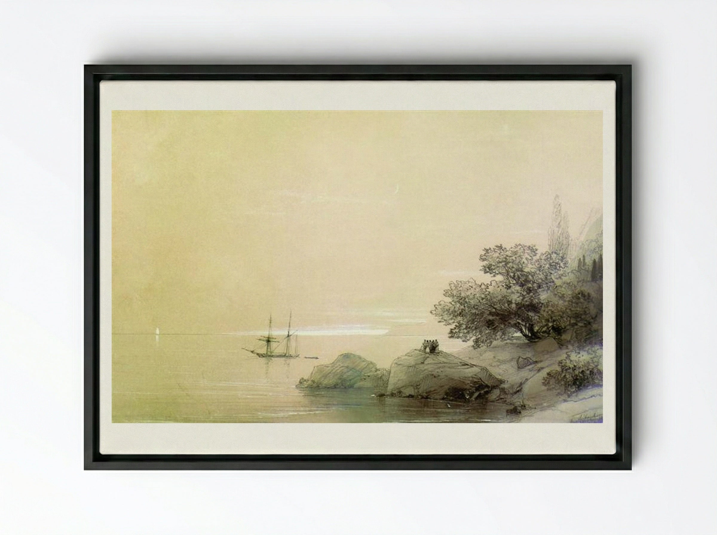Sea against a rocky shore - Ivan Aivazovsky - Framed Canvas Black