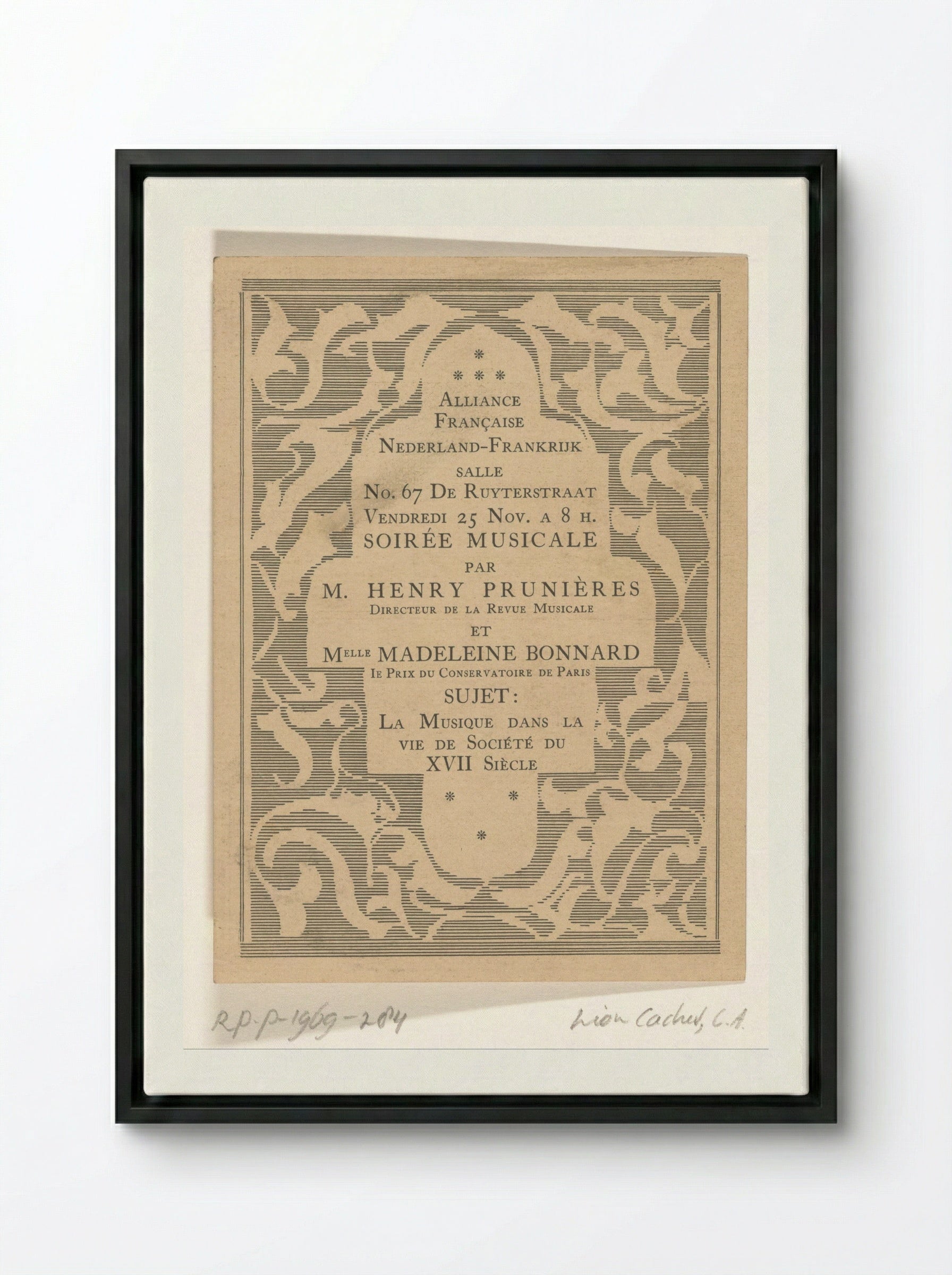 Aankondiging voor muziekavond van de Alliance Française - Carel Adolph Lion Cachet - Framed Canvas Black