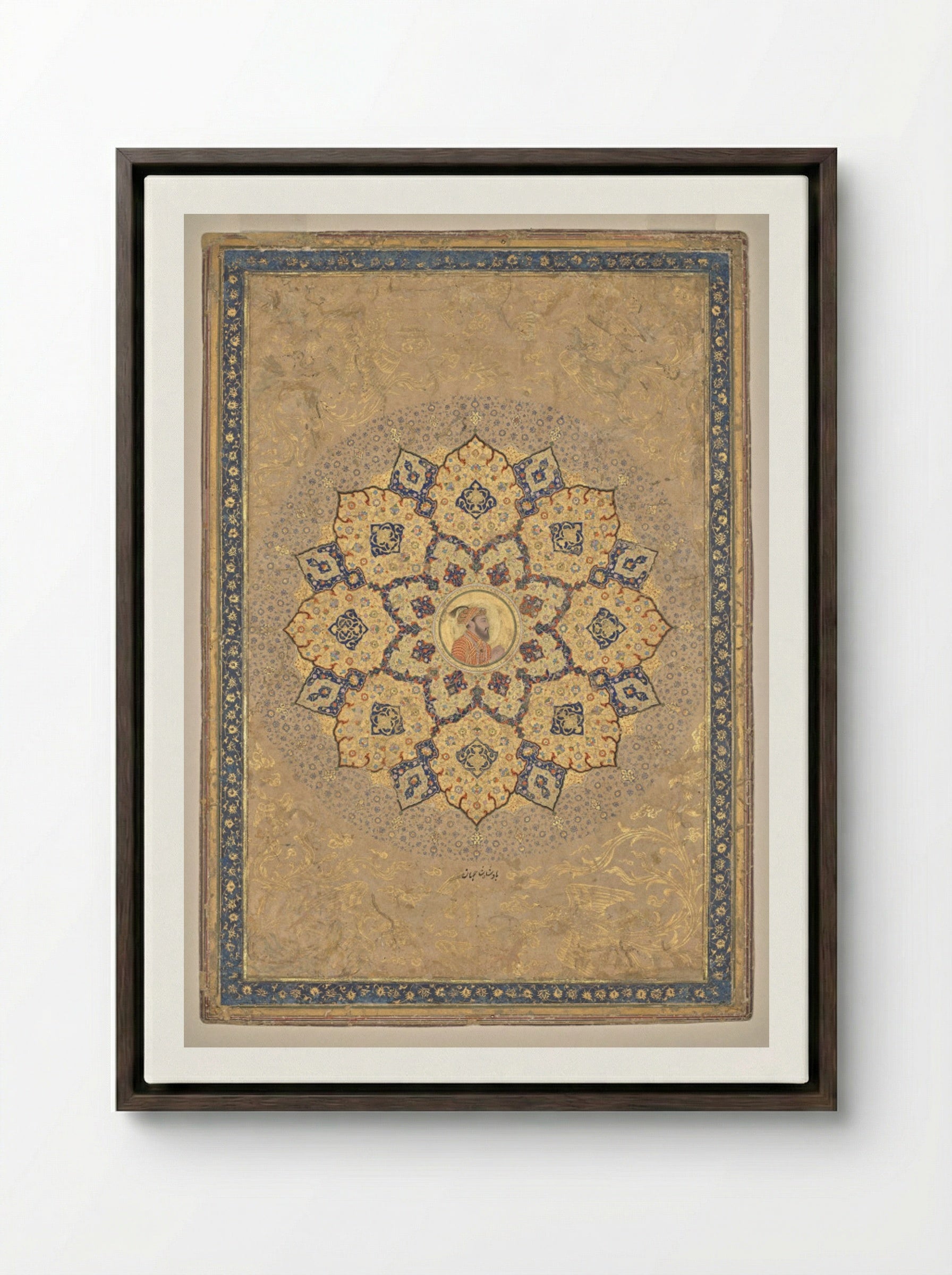 Shamsa with portrait of Aurangzeb - Bichitr - Framed Canvas Dark Wood