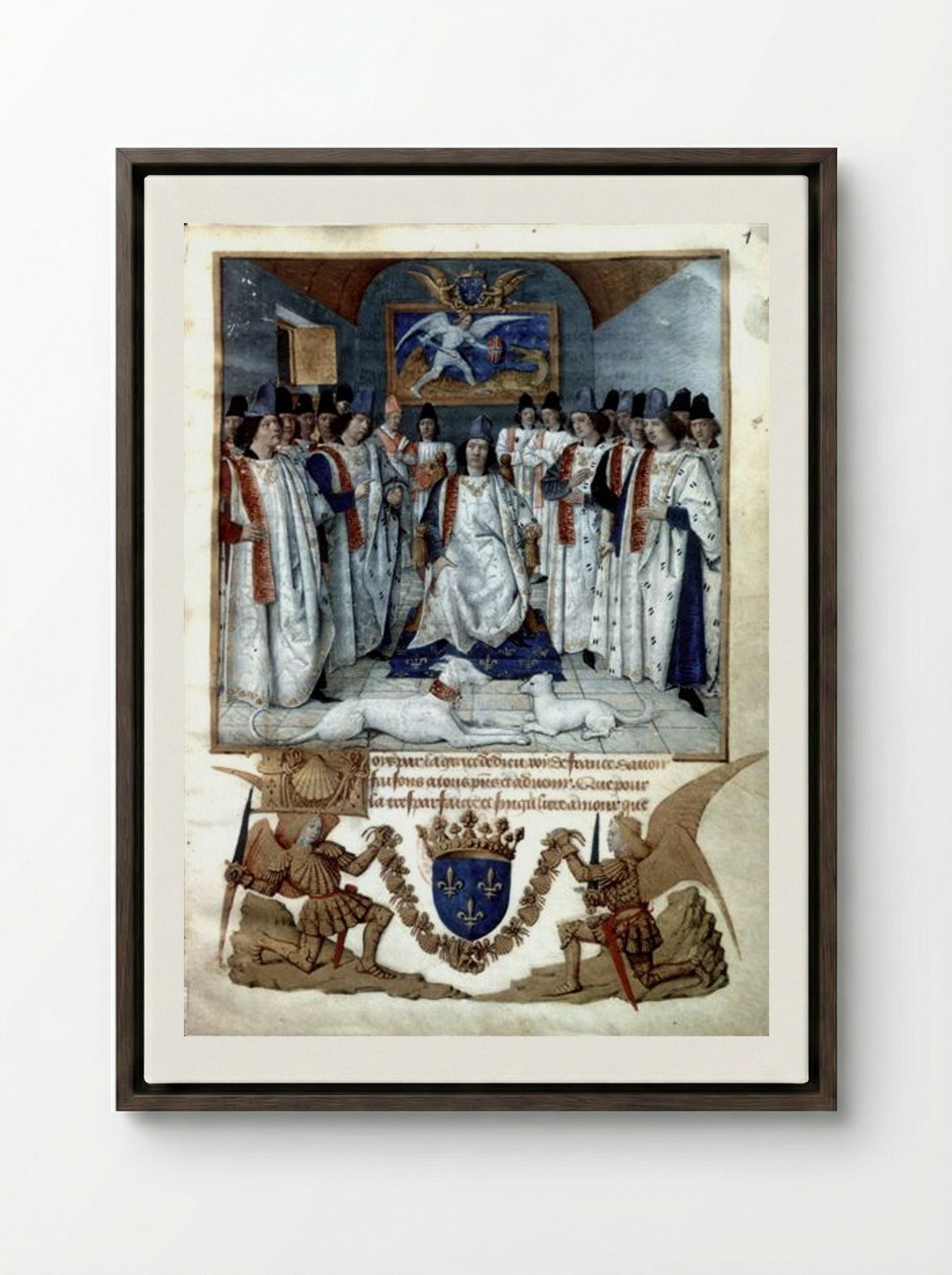 Louis XI presiding over the Chapter of the Order of Saint Michael - Jean Fouquet - Framed Canvas Dark Wood