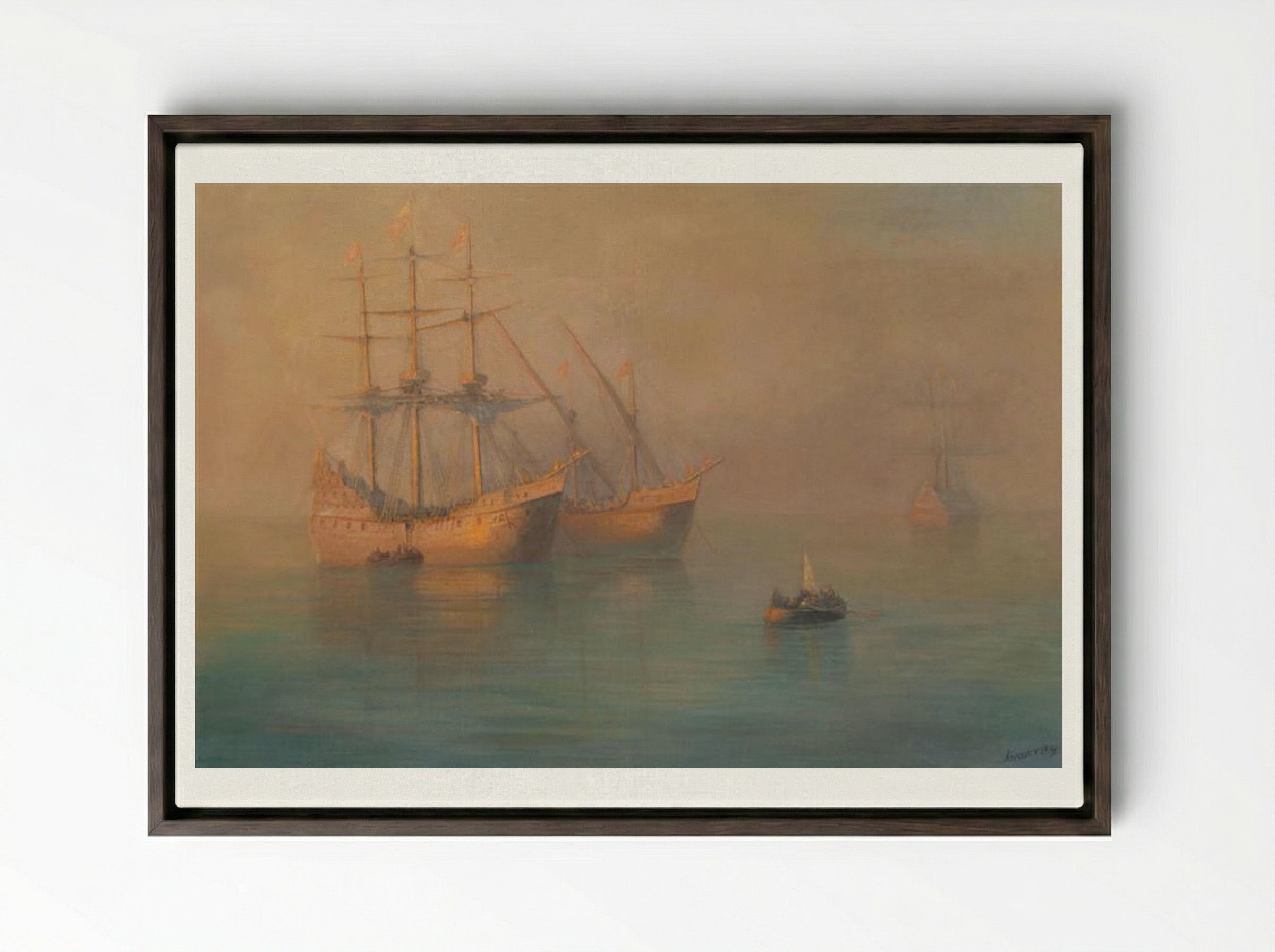 Ships of Columbus - Ivan Aivazovsky - Framed Canvas Dark Wood